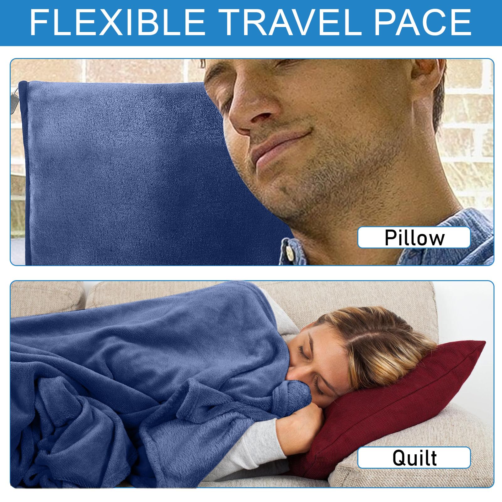 BAIFULAI Manta de viaje para avión, almohada 2 en 1, manta de avión, ultraligera, cálida, con antifaz para dormir y tapones para los oídos, cojín transformador, gadgets de viaje para vacaciones,