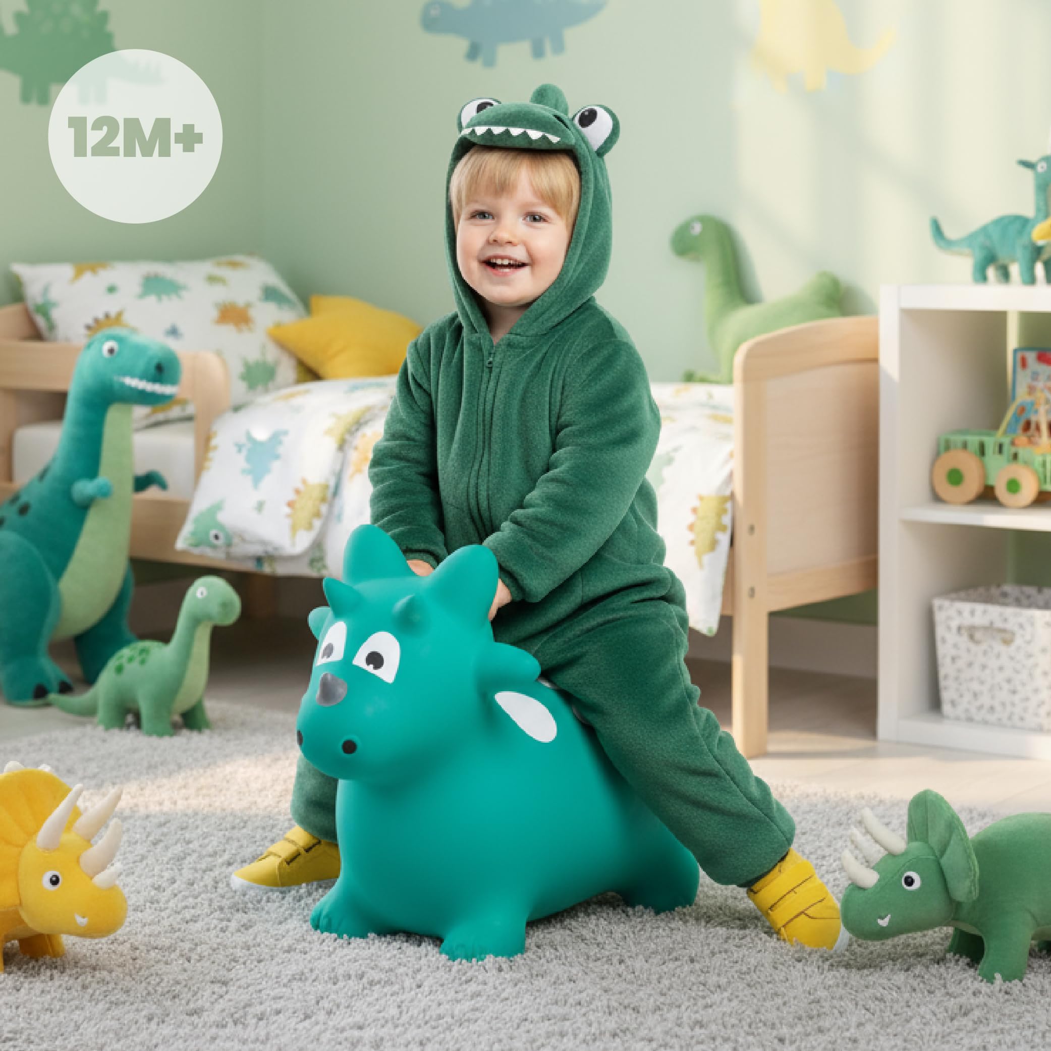 iPlay, iLearn Bouncy Pals Jouets Sauteurs Dinosaure pour Enfants, Cheval Sauteur en Peluche Tricératops pour Tout-Petits avec Pompe, Animal Rebondissant pour Extérieur et Intérieur, Cadeaux