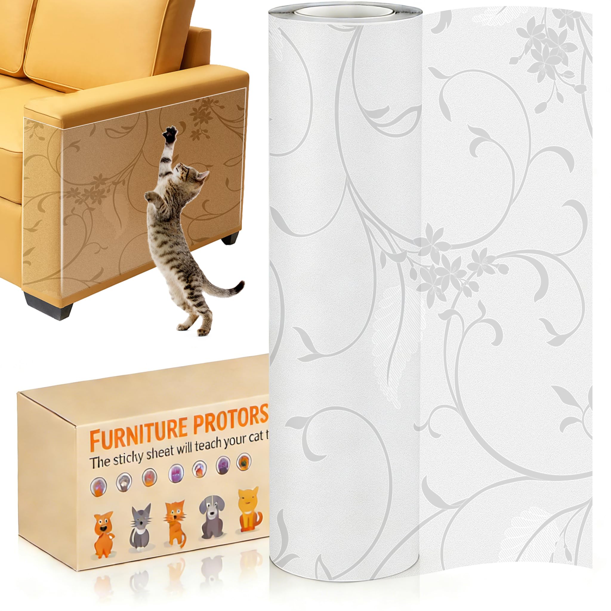 Cat Anti Scratch Tape (30cm x 5m) Pattern Frosted Anti Cat Scratch Furniture Protector, Self-Adhesive Sofa Protectors From Pets, Wear Resistant Sticker for Carpet, Sofa, Couch, Door (Vine Pattern)
