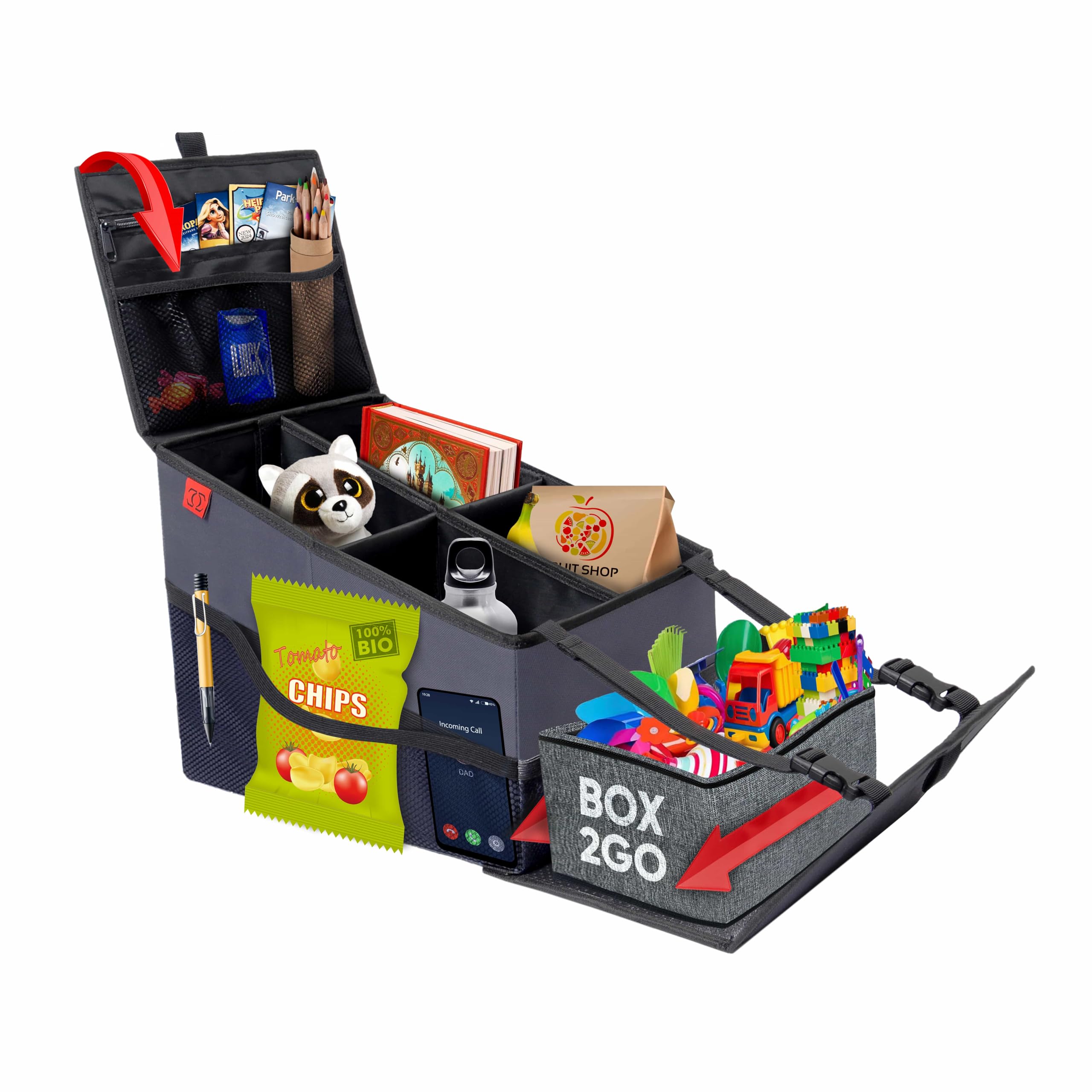 ESSENZZ ROADSSTA - Organizador para asiento trasero de coche 3 en 1 para niños con función de mesa de viaje y soporte para bebidas, asiento del copiloto y maletero