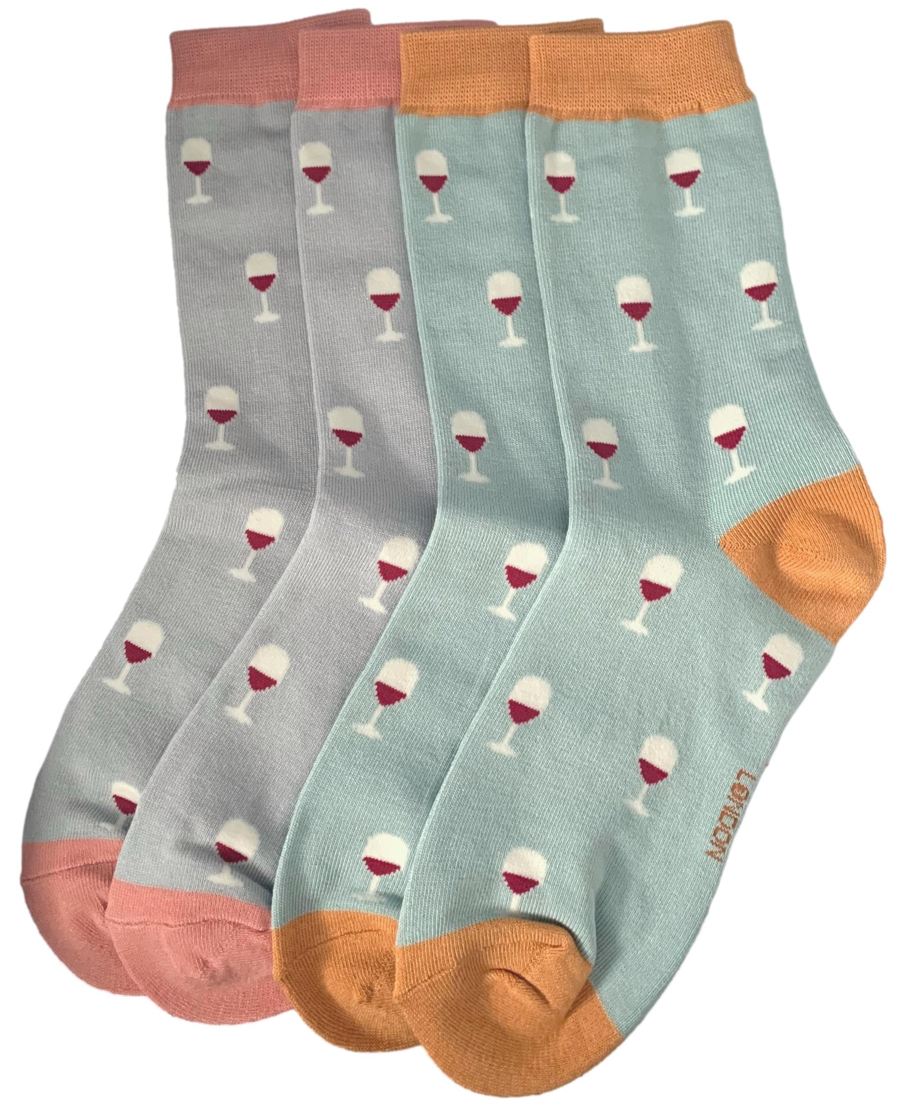 Purple Possum® Wine Socks Ladies Red Wine Glass Drinks Bamboo Cotton Novelty Fun Socks (2 Pair Pack Grey and Duck Egg)