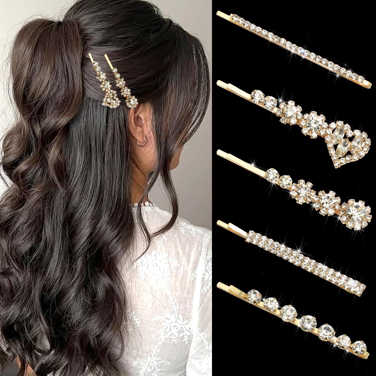VENOFEN Rhinestone Hair Clips Gold Bobby Pins for Hair Crystal Heart Bridal Clips Wedding Hair Pins for Women Glitter Hair Decoration Accessories
