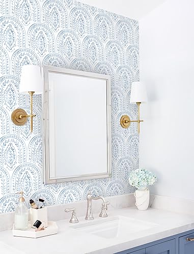 Miniatura 4 de EeeComing Papel tapiz azul para despegar y pegar, papel de pared bohemio, papel de contacto moderno autoadhesivo para dormitorio y baño, forro de