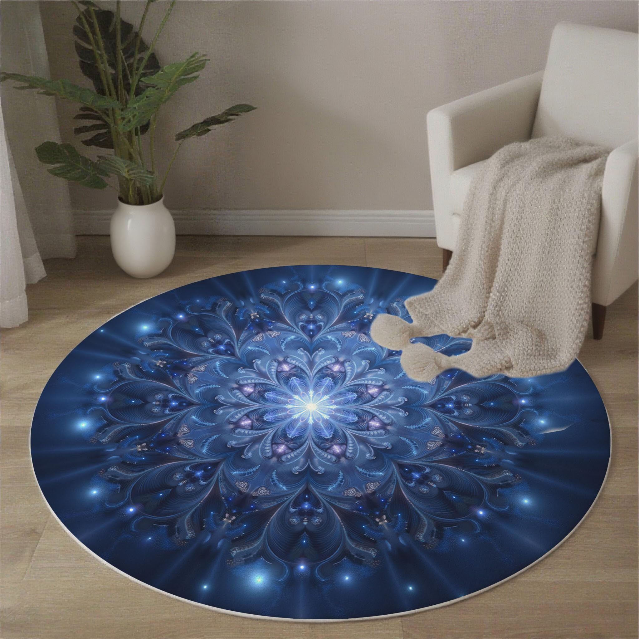 Tapis Rond Étoiles Mandala pour Salon, 120cm Circulaire Tapis Style Cosmique Mystérieux Douce Lavable Et Antidérapante pour Chambre Intérieure, Bleu Profond