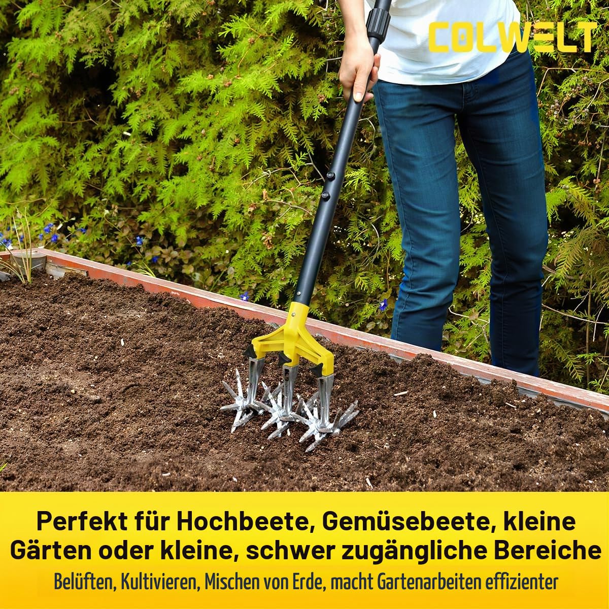Colwelt Drehbarer Kultivator, Gartenwerkzeug, 154 cm, Handfräse, Gartenwerkzeug mit abnehmbaren Aluminiumzinken, Grubber für Gartenerde oder Nachsaat von Gras, manuelle Kultivatoren und Fräsen für