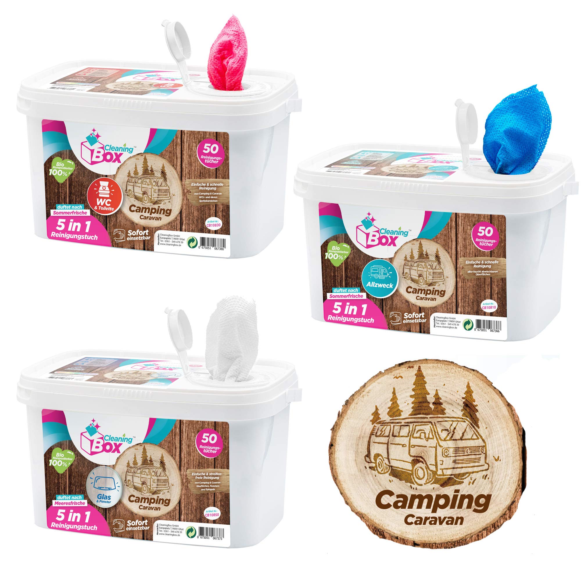 CleaningBox® Starter-Set Feuchte 5-in-1 Reinigungstücher für Camping & Caravan, 3X 50er Spenderbox Reinigungstücher - Wohnmobil und Wohnwagen Zubehör - Biologisch Abbaubar und Made in Germany