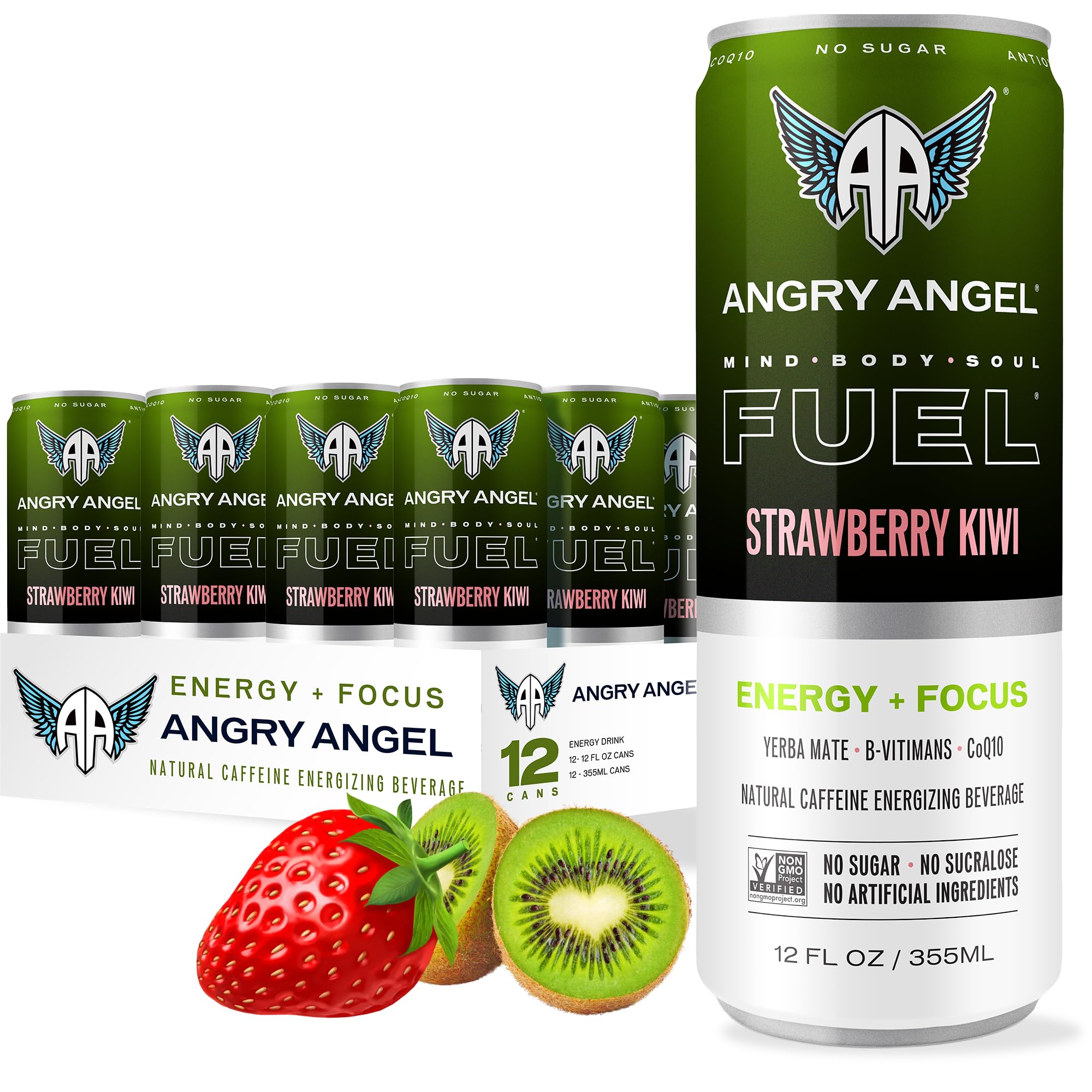 Angry Angel Strawberry Kiwi Natural Energy + Focus Drink (12 count) - Zero Sugar - Natural Caffeine from Yerba Mate - CoQ10 - B Vitamins - 12 oz Cans