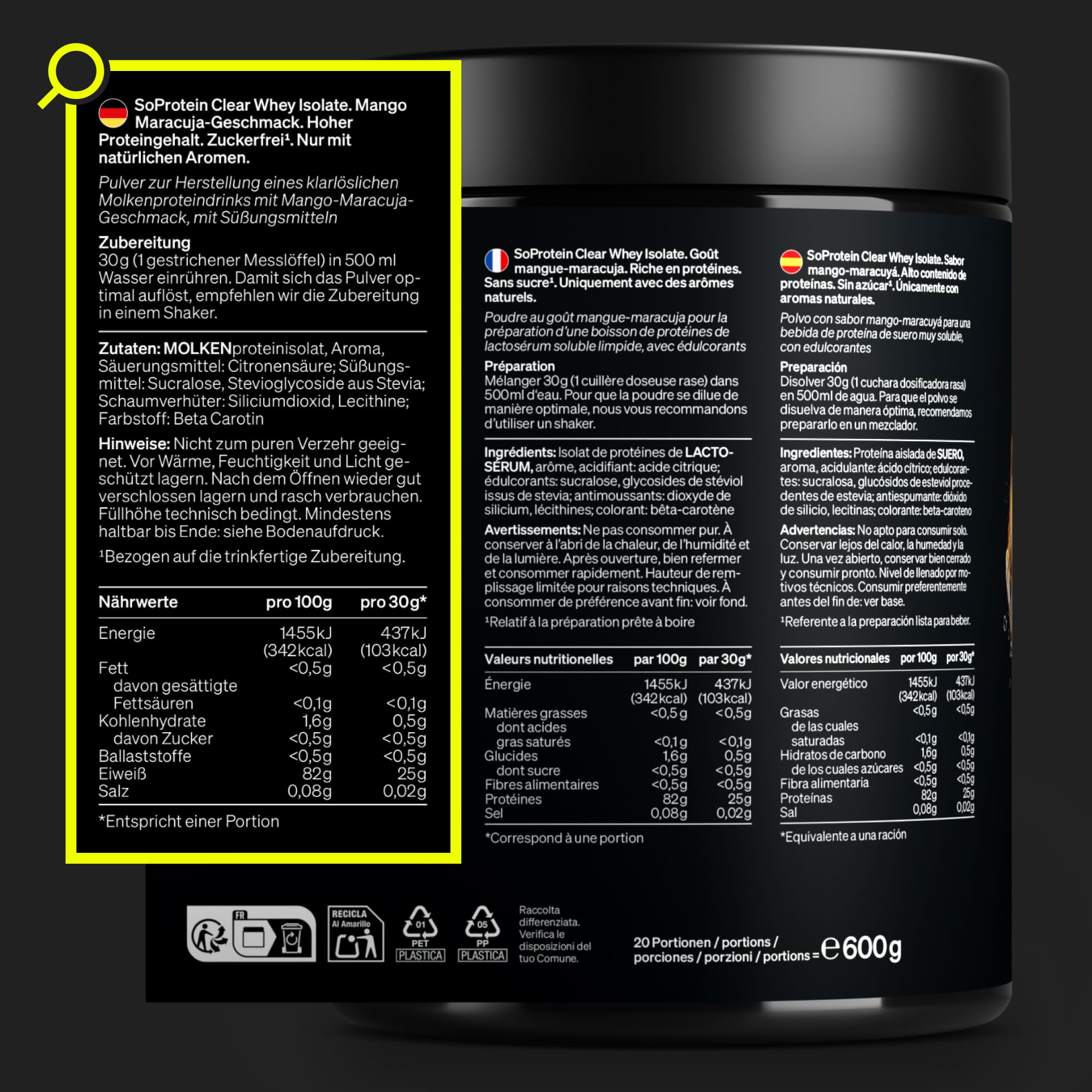 natural elements SoProtein Clear Whey Isolate – Mango Maracuja Geschmack – 600g Proteinpulver – 25g Protein – erfrischender Protein-Shake, optimal löslich – in Deutschland entwickelt & laborgeprüft