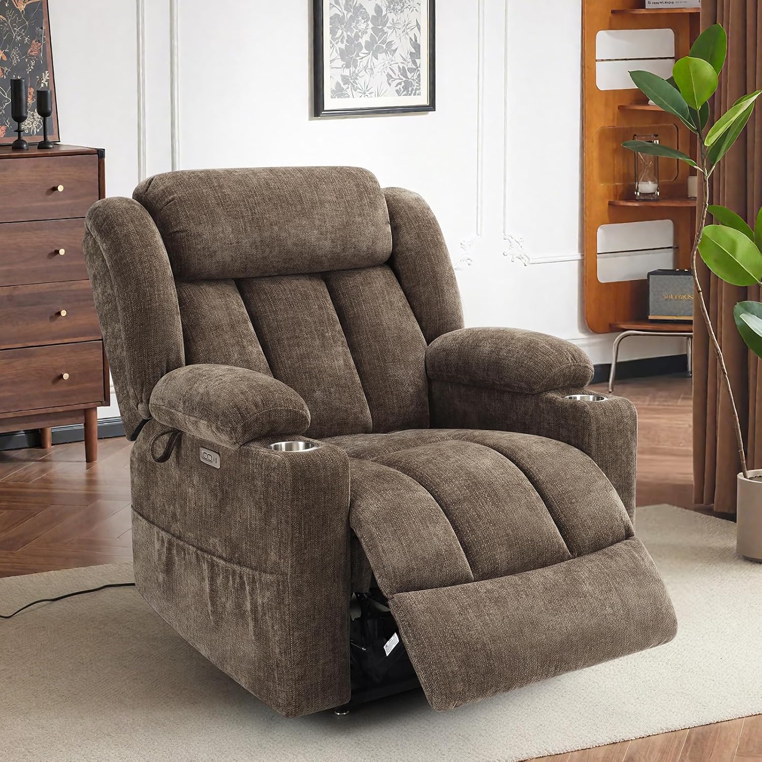 Large Power Lift Recliner Chair for Elderly with Massage & Lumbar Heating, Lay Flat Chenille Living Room Chair with USB Type-C Cup Holders, 400 LBS Support Brown