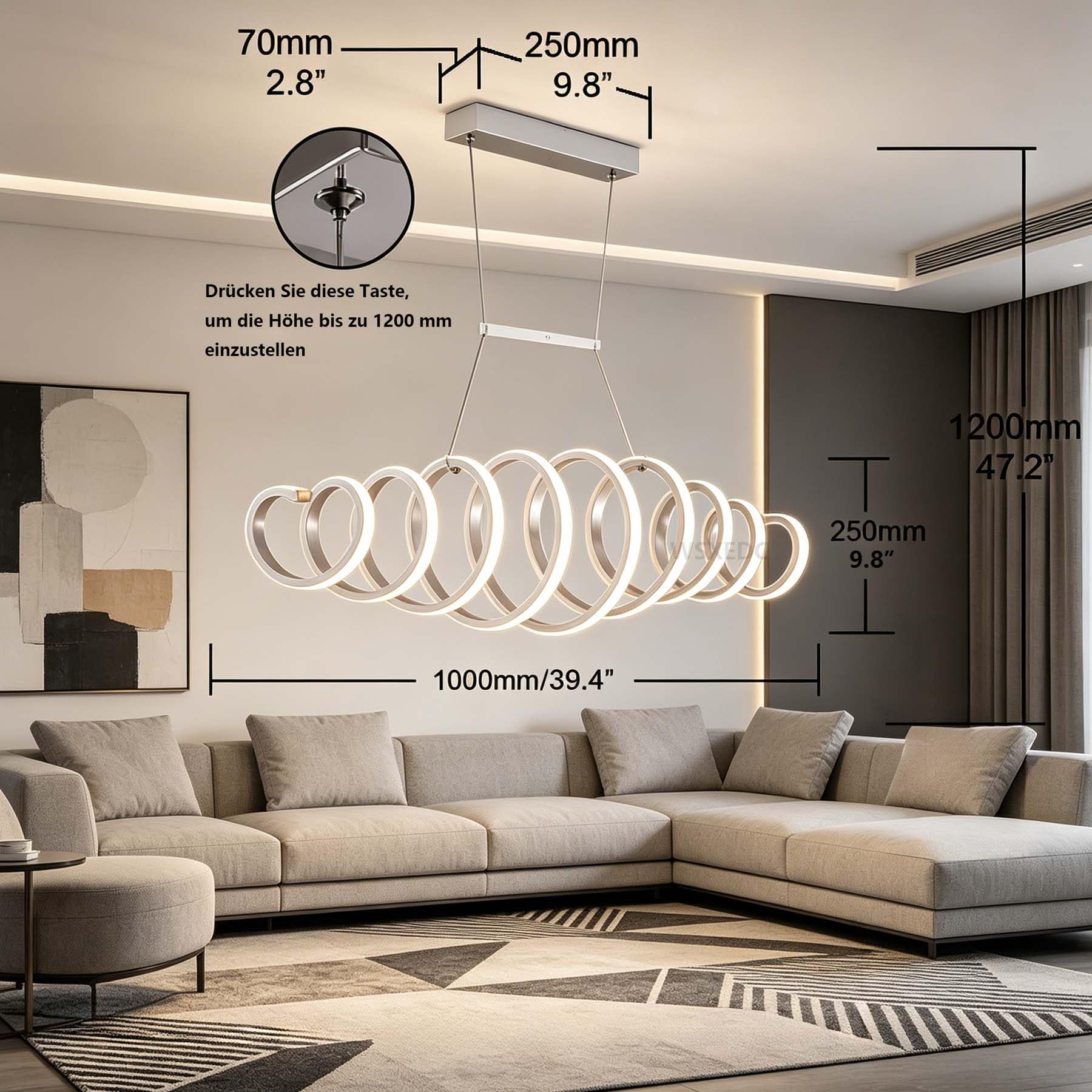 100cm LED Hängeleuchte Esszimmer Dimmbar, Höhenverstellbar Spiralförmig Hängelampe mit Farbtemperatur Einstellbar, Moderne Weiß Pendelleuchte für Esstisch Büro Bar Wohnzimmer Küche