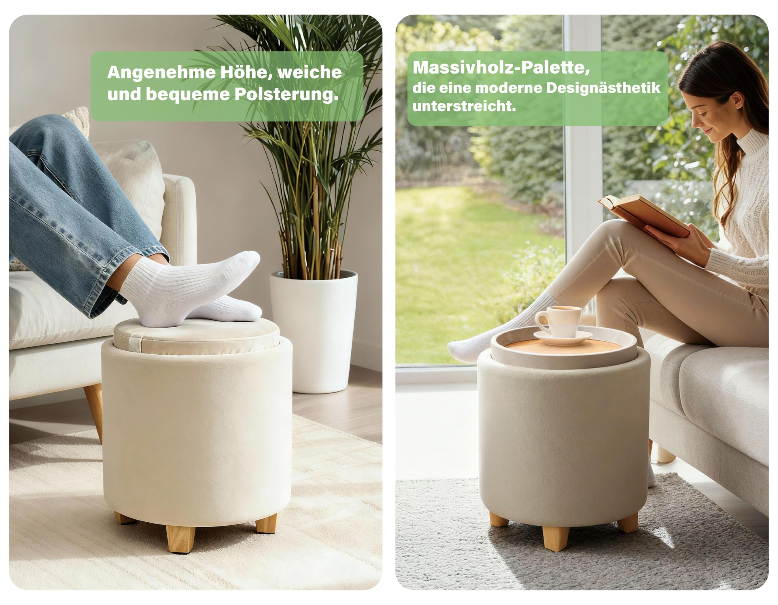 Zedelmaier Zylindrischer Samthocker Sitzhocker mit Stauraum rund, Sitzhocker mit Deckel, Schminkhocker, Fußhocker mit Aufbewahrungsbox, Polsterhocker mit Holzbeinen, Couchtisch, φ36x45cm Beige