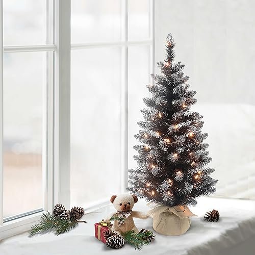 Vista 33 de Árbol azul de moda preiluminado de 3 pies, 97 puntas, 50 luces incandescentes transparentes UL, base de arpillera