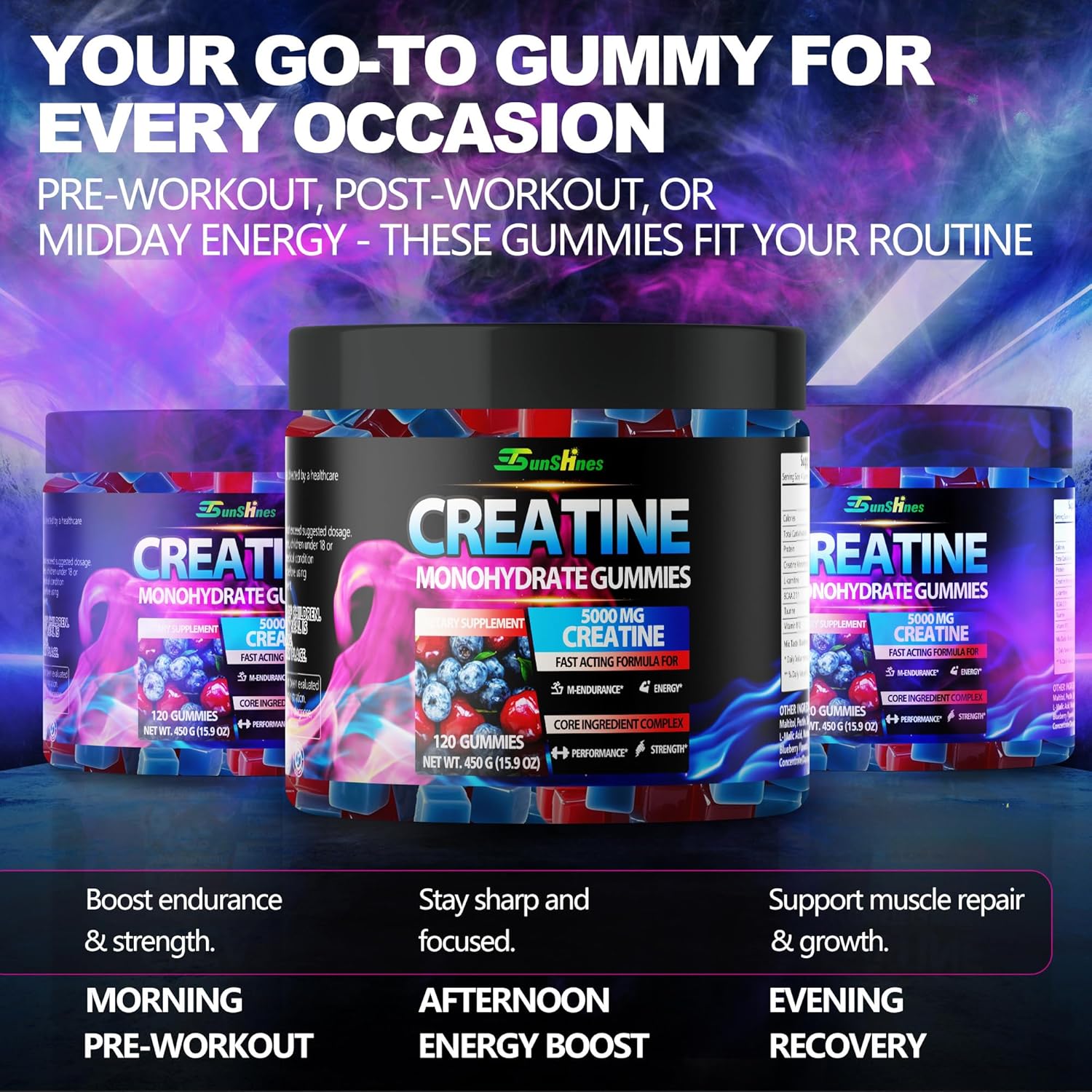 Creatine Monohydrate Gummies 5g (5000mg), Sugar-Free Creatine, Pre-Workout Energy, Veg, Non-GMO, for Men & Women - 120 Count Cherry Flavor with Blueberry Flavor