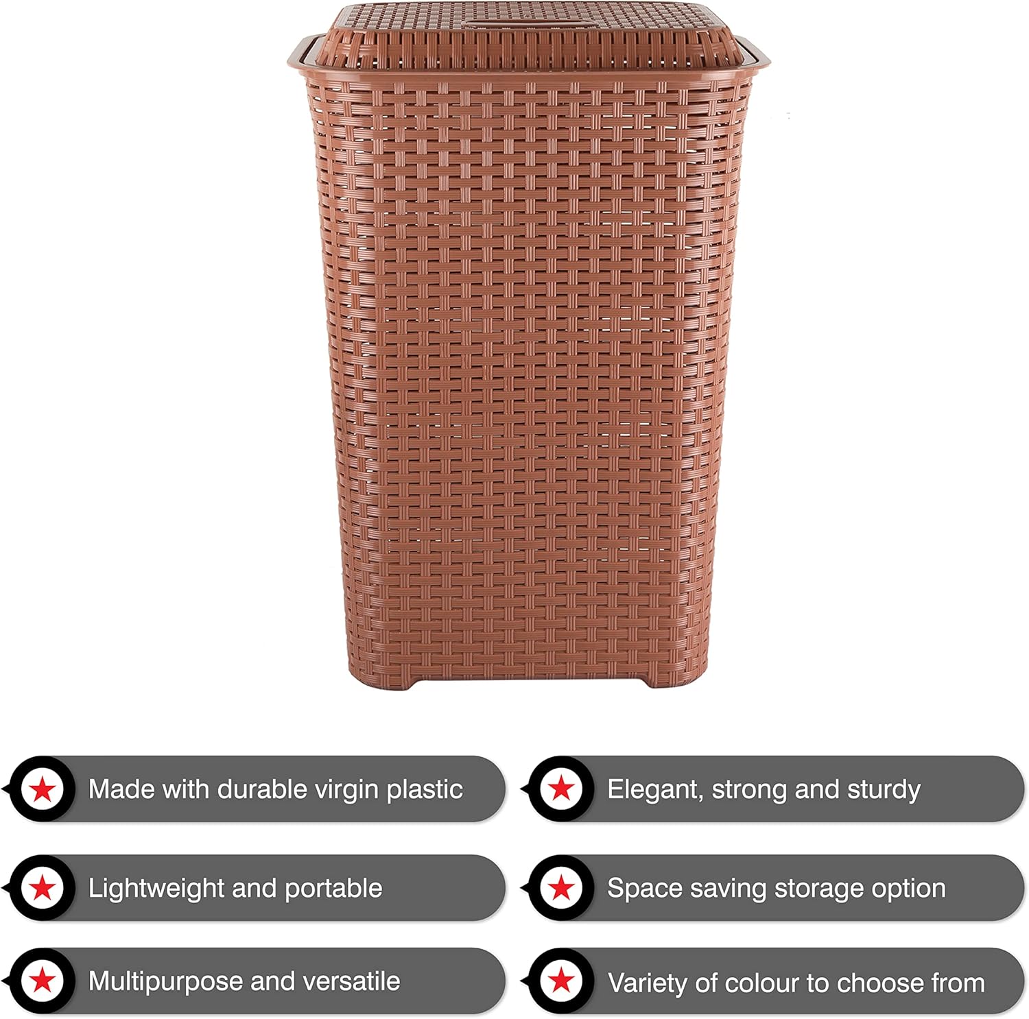 Cello Eliza Plastic Laundry Basket with Lid, Brown, 50 Ltrs | Lightweight and Portable | Storage Organizer | Convenient Handling | Useful For Storing Clothes, Toys, Books