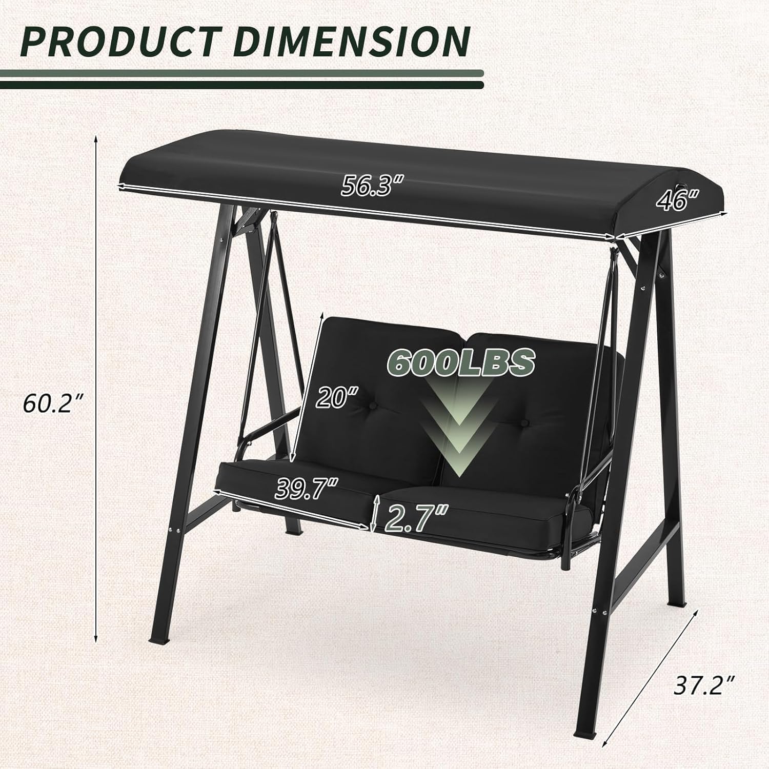 AECOJOY 2-Seat Outdoor Patio Swing Chair with Adjustable Canopy, Porch Swings Chairs for Adult, Outside Swing Bench with Removable Cushion, Suitable for Backyard, Garden, Yard, Poolside, Balcon, Black