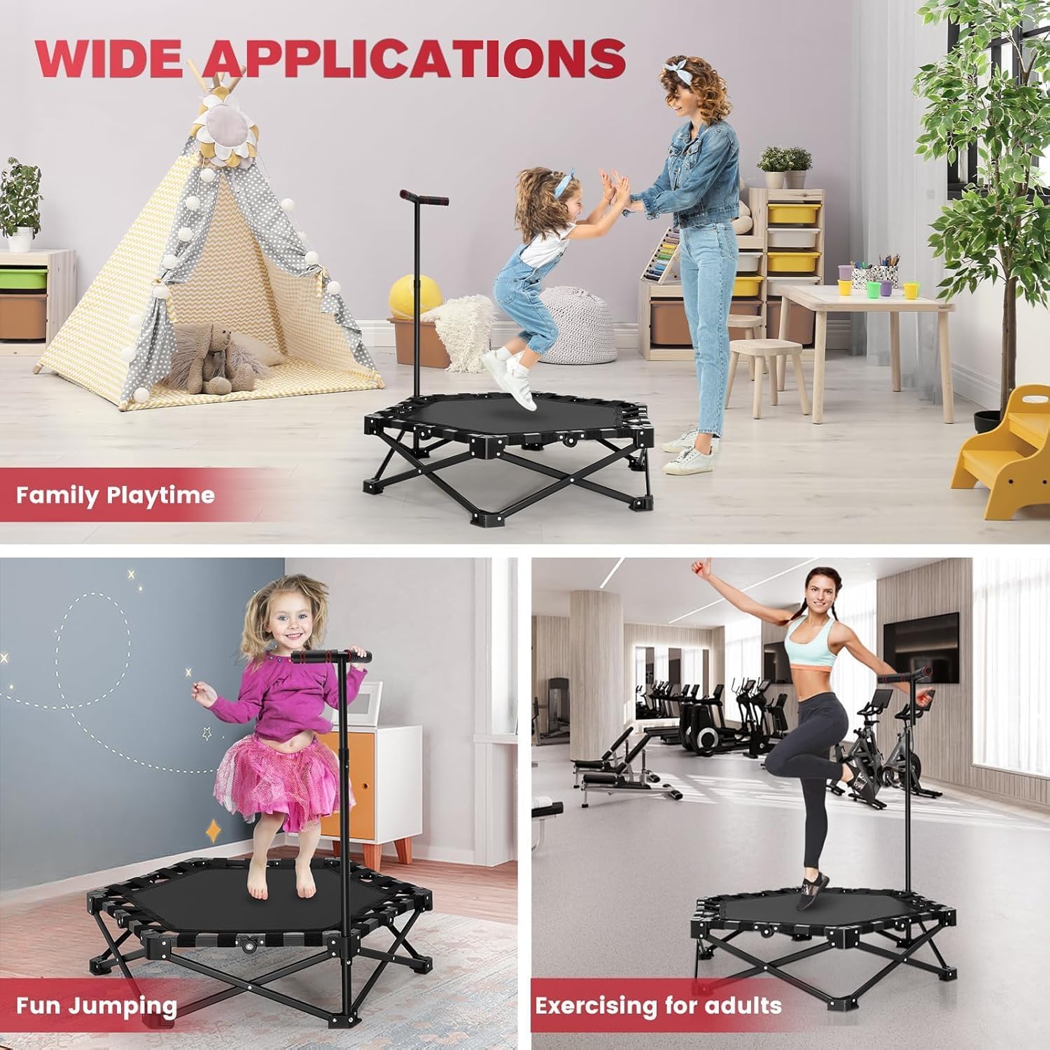 Fitness Trampolin klappbar,150KG Tragfähigkeit 3 verstellbare Handgriffstufen klappbar Tragbares mit geräuscharmes Design Stabiler&leiser Übungs-Rebounder für Kinder&Erwachsene
