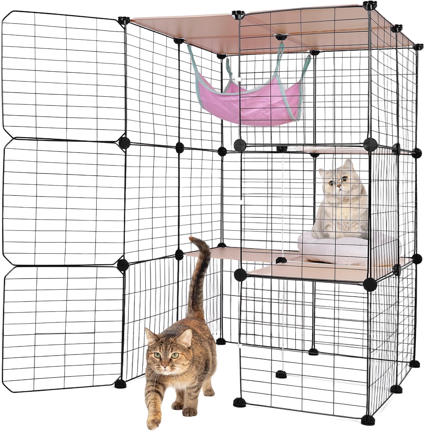 3-Tier DIY Catio Cat Cage Indoor Outdoor, Large Cat Enclosure with Hammock & Detachable Metal Wire, 27.5"x27.5"x41.3" Pet Playpen for 1-3 Cats
