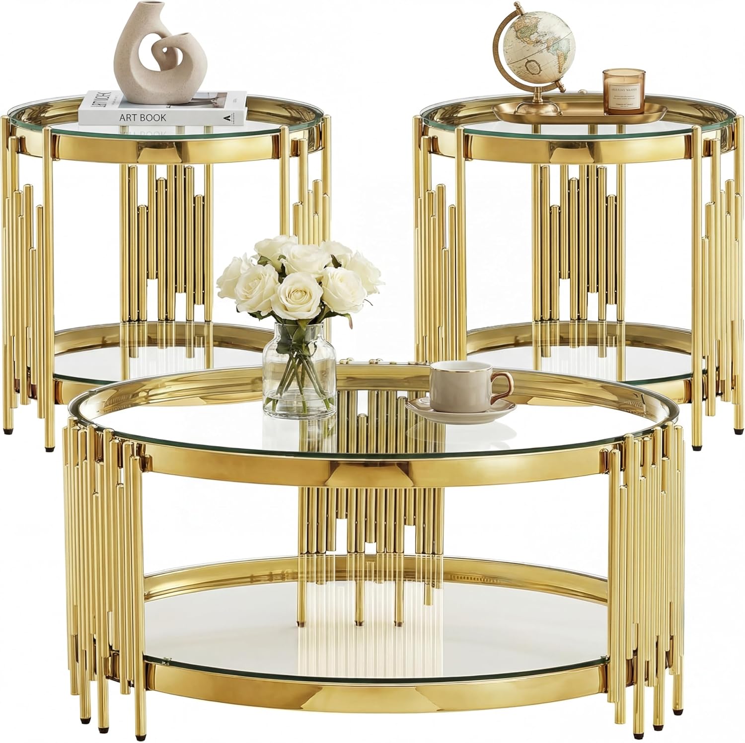 Round Glass Coffee Table Set of 3, Gold and Clear Modern Living Room Table Set, Includes 1 Coffee Table, 2 End Tables, Gold Stainless Steel Base Tempered Glass Top, Luxury Furniture for Home Office