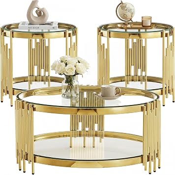 Round Glass Coffee Table Set of 3, Gold and Clear Modern Living Room Table Set, Includes 1 Coffee Table, 2 End Tables, Gold Stainless Steel Base Tempered Glass Top, Luxury Furniture for Home Office
