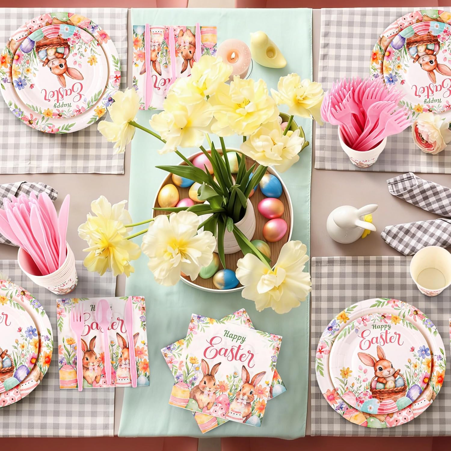 Kochorie 175 Pieces Happy Easter Party Supplies Disposable Colorful Eggs Easter Bunny Tableware Set 7 Inch & 9 Inch Paper Plates Napkins Cups Cutlery for Spring Picnic Birthday Decor, Serve 25 Guests - Image 7