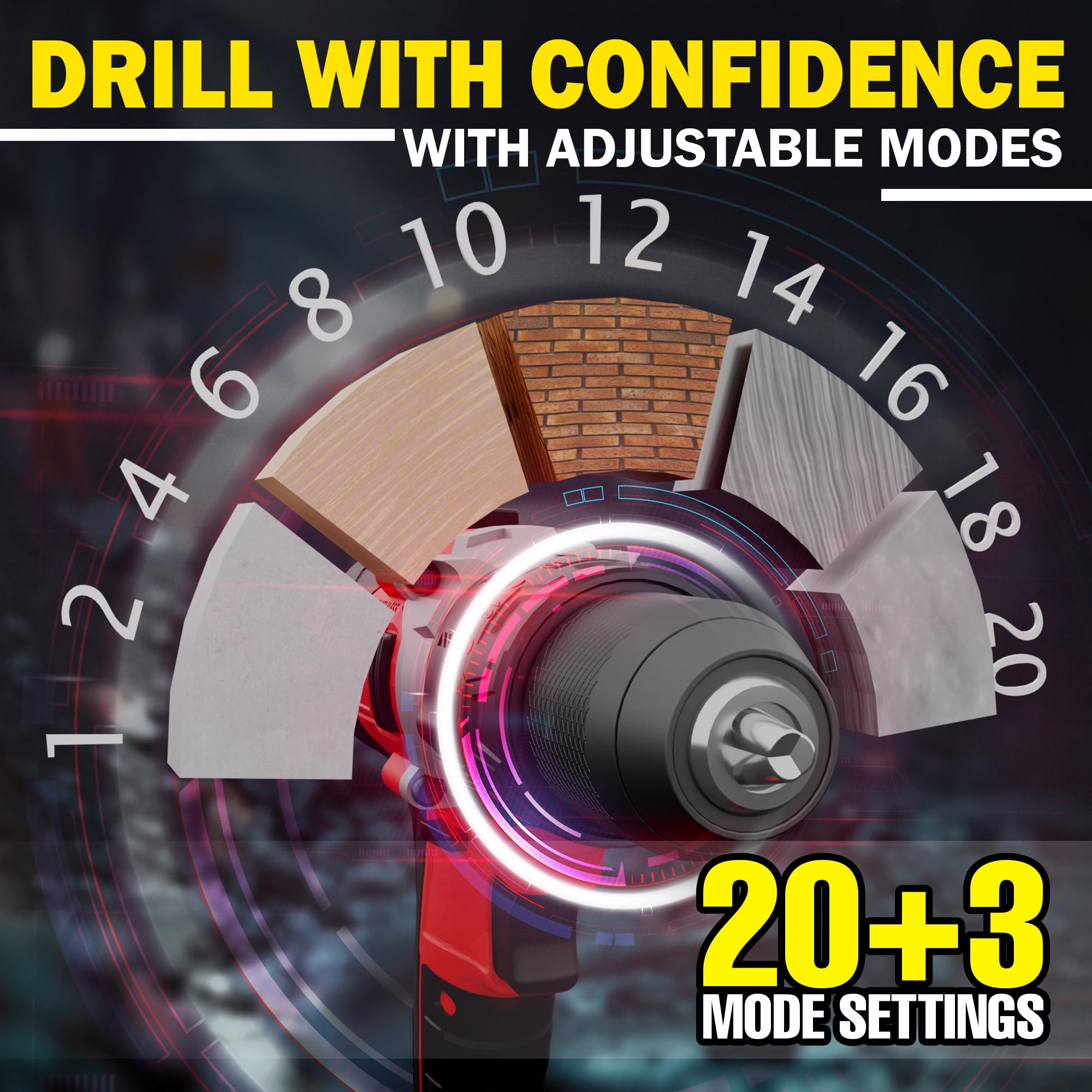 IBELL TOOLS BD20-80 2Ah (BMC) One Power Series 20V Cordless Impact Drill Brushless | Max 80Nm Torque | 1750 RPM Speed | 13mm Heavy-Duty Metal Keyless Chuck | 20+3 Clutch Settings | LED Light RED 3