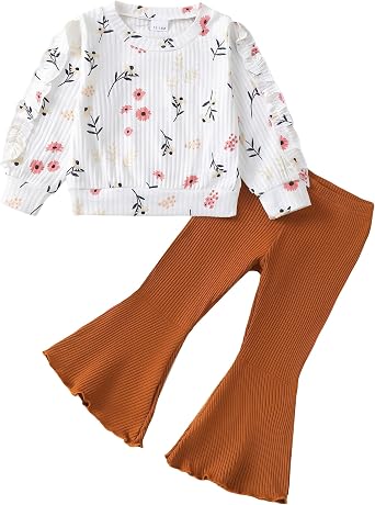 Renotemy Toddler Baby Girl Clothes Fall Winter Outfits, Ruffle Sleeve Crew Neck Sweatshirts Flare Pants Set 12Months-4 Year