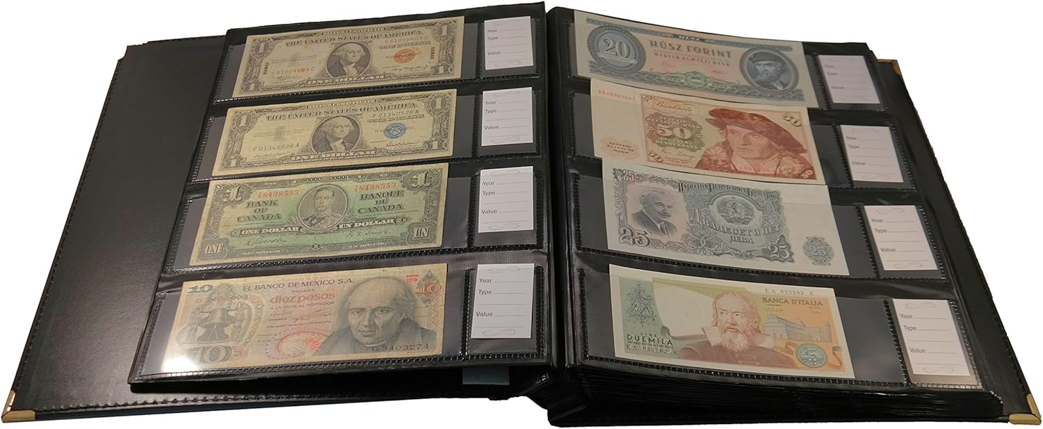 Banknotes Album Small Currency 96 Notes Black Leatherette Deluxe