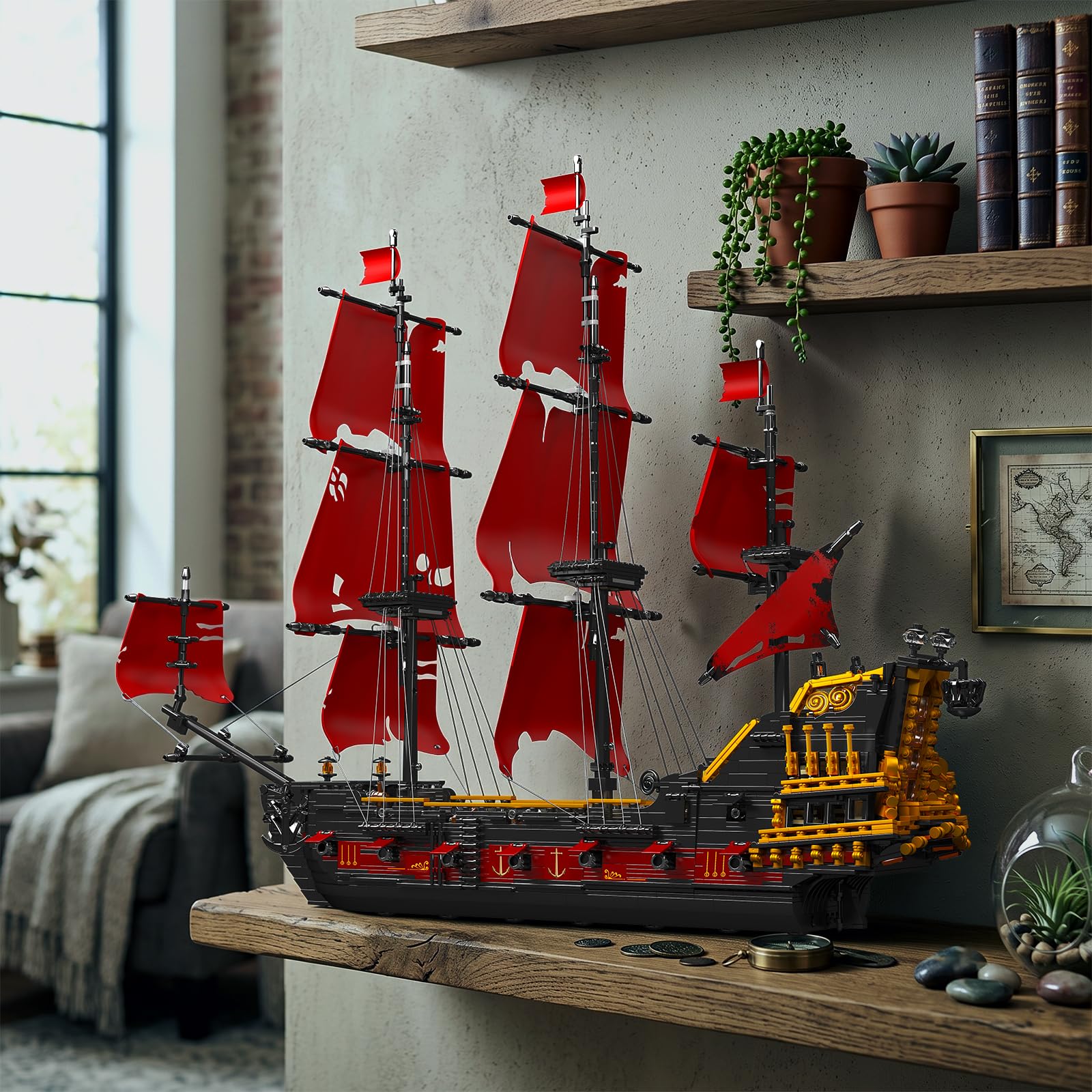 Mould King 13109 Technik Segelboot Modell,The Queen Annes Revenge Großes Rotes Piratenschiff Clamping Blocks Kit 3139 Teile Groß MOC Technologie Königin Annes Rache Klemmbausteine Bausatz