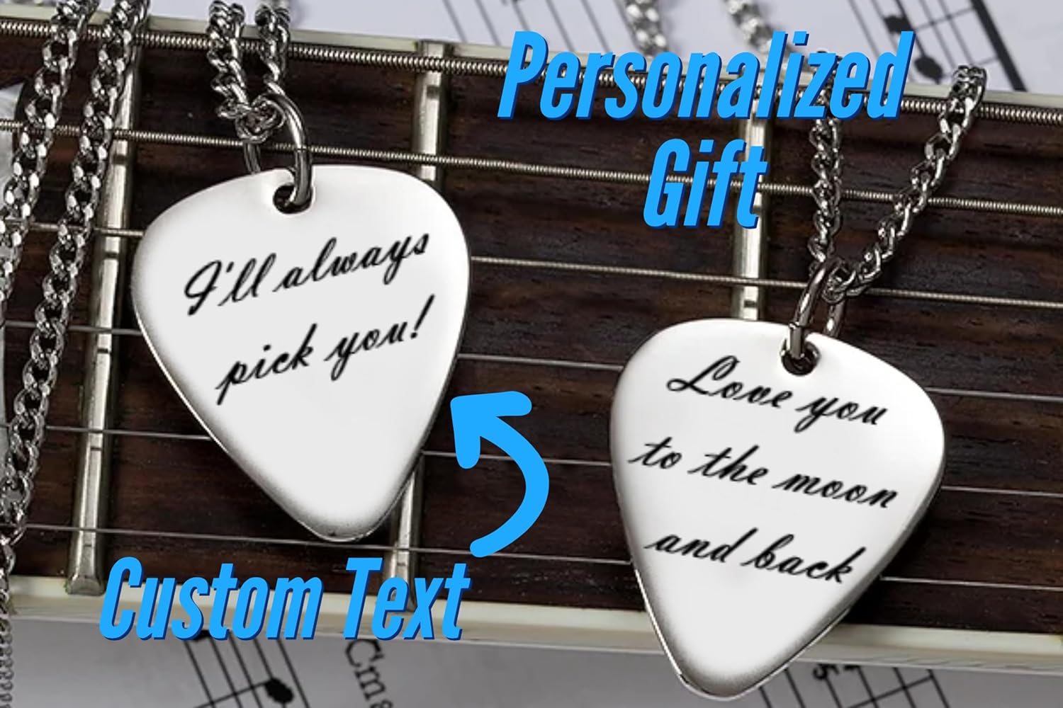 Engraved Guitar Pick Necklace Pendant Personalized With Your Custom Message To Give As A Music Gift For Guitarist And Music Lovers - Custom Guitar Plectrum Stainless Steel Necklace Gift for Husband