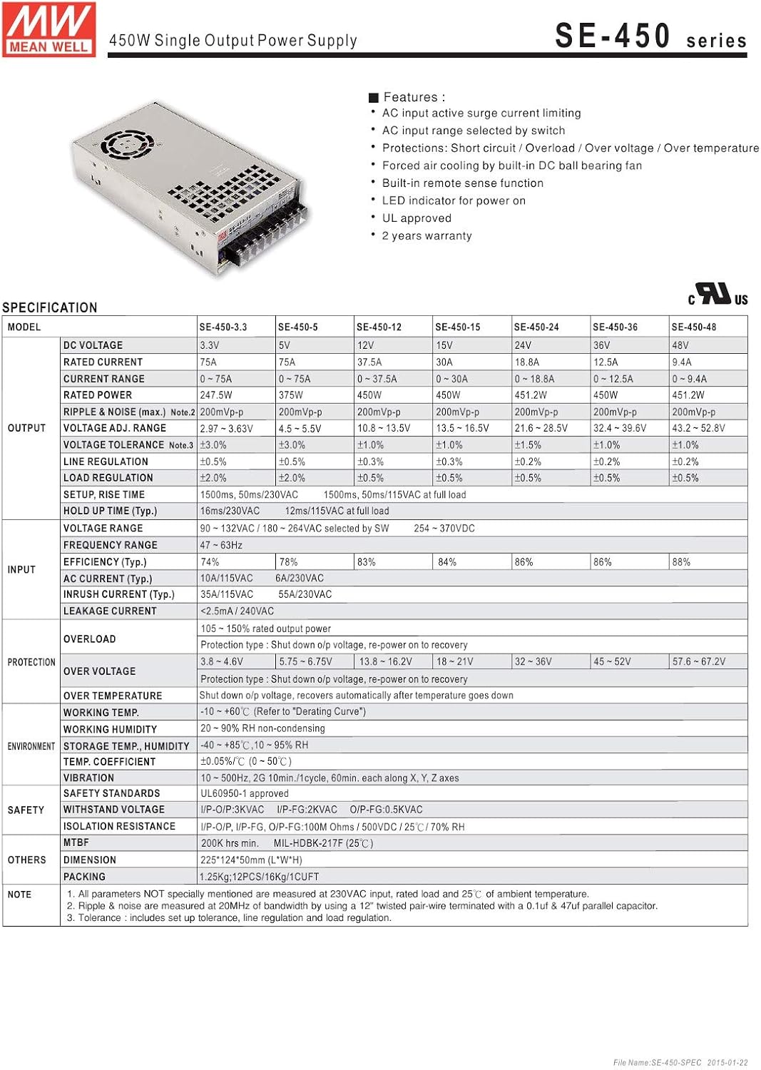 Mean Well MW 48V 9.4A 450W AC/DC Switching Power Supply SE-450-48 UL/CUL PSU
