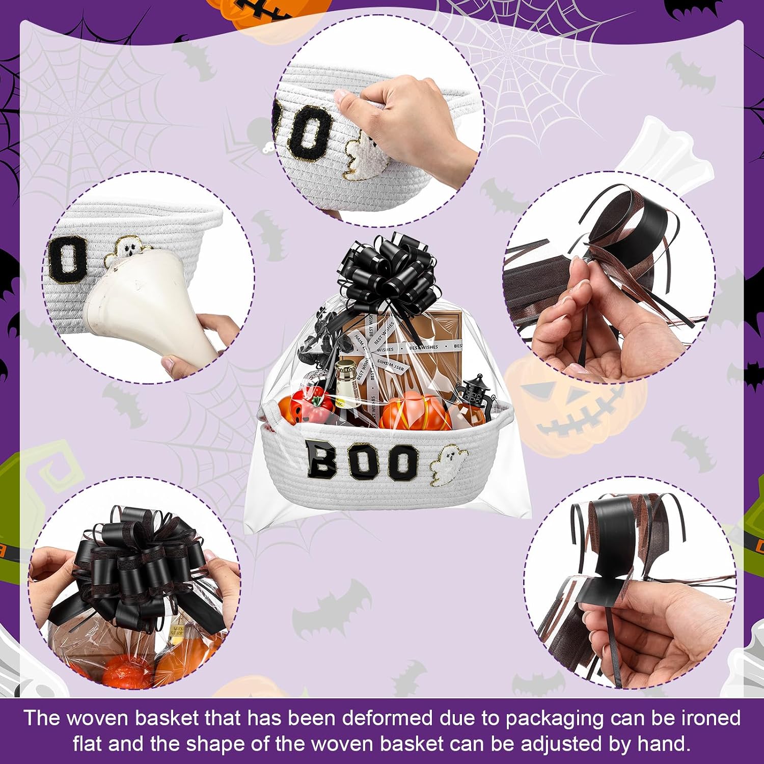Acellegic 3 Sets Halloween Boo Basket for Gifts with Bows Ribbons Cute Boo Ghost Woven Candy Baskets Trick or Treat Bucket for Halloween Holiday Birthday Treat Wrapping Party Supplies (White)
