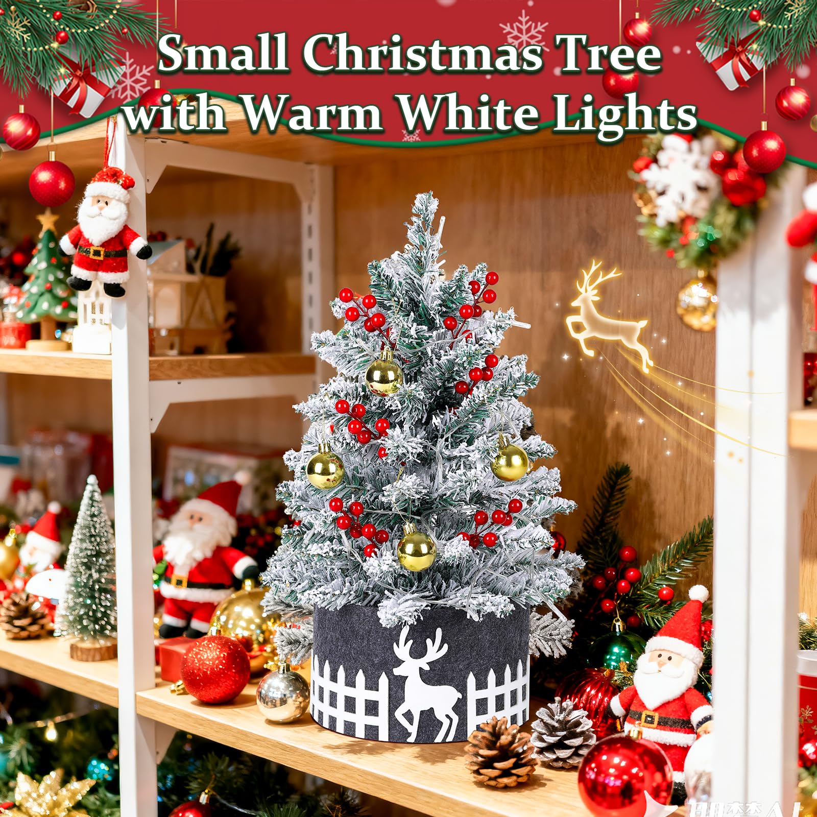 Sapin de Noël Neige Artificiel 60cm avec Lumières LED, Sapin Enneigé Flocké Blanc avec Décorations (Boules, Baies, Jupe), Petit Sapin de Noël pour Table et Bureau, Décoration d'Intérieur Maison Cadeau