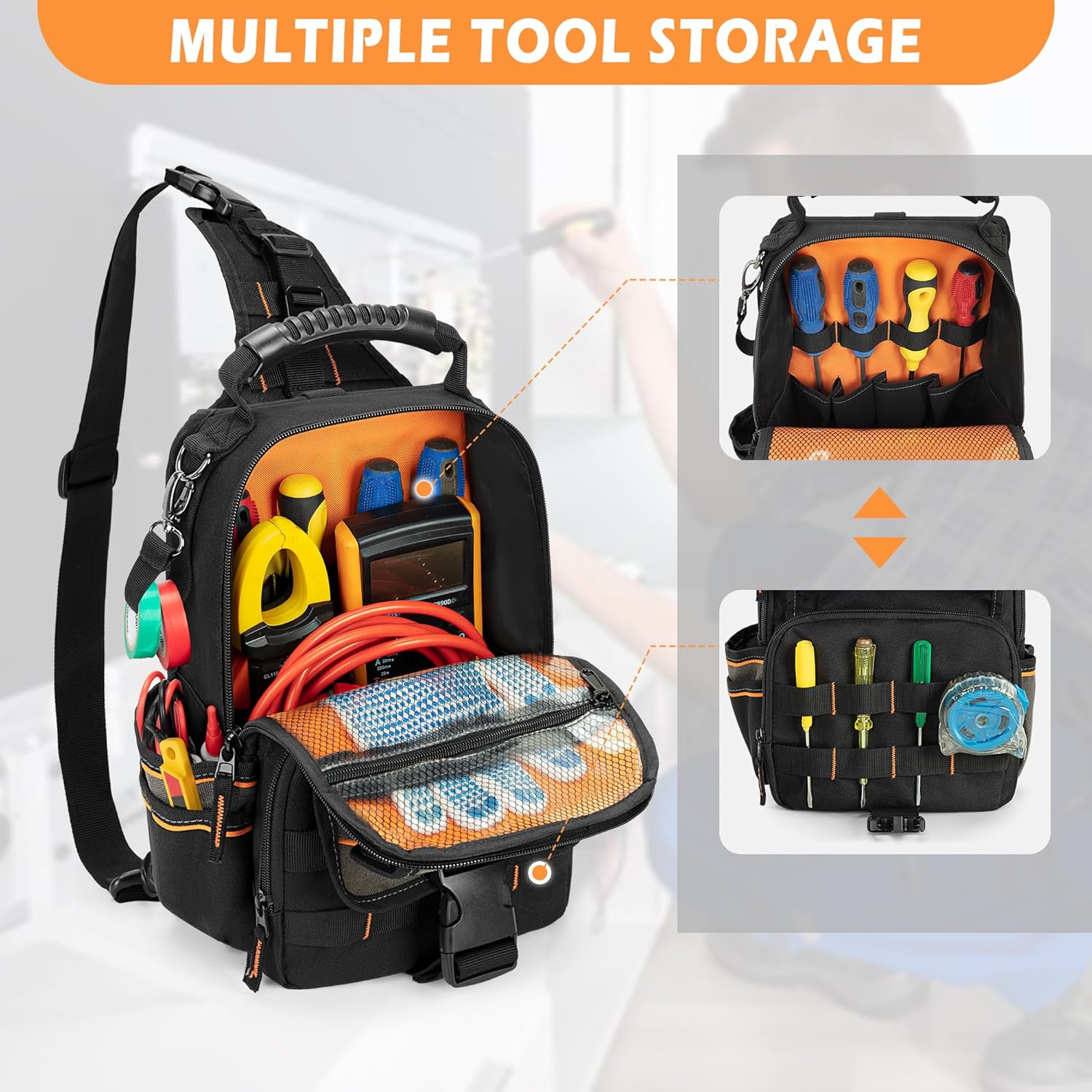 Electrician Tool Pouch Bag, Zippered HVAC Tool Organizer with Ergonomic Handle and Shoulder Strap for Maintenance Repair Technicians, Black