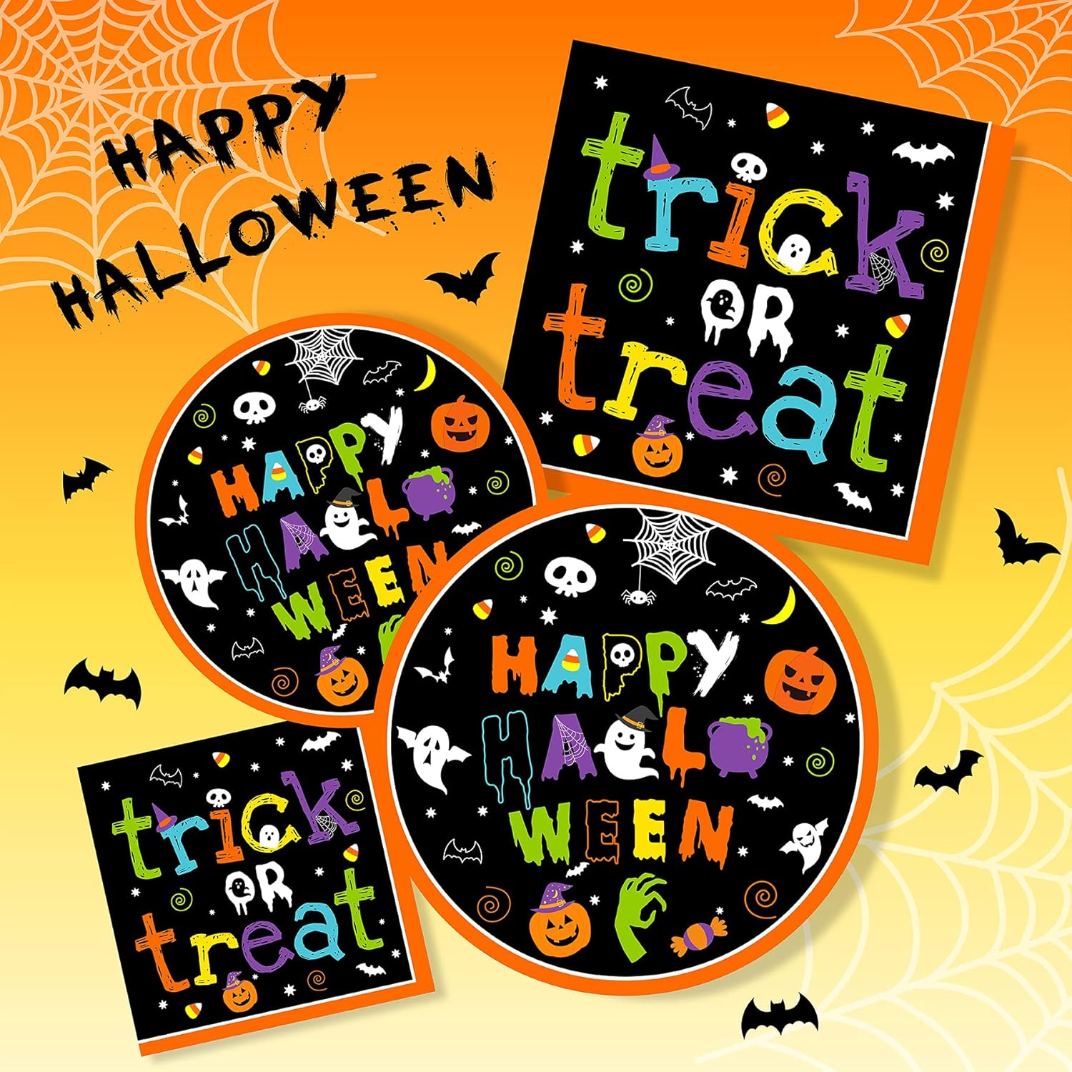 Halloween Plates and Napkins Set, 24 Pack Disposable 7” and 9” Paper Plates with Napkins, Dessert Plates, Cups and Straws, Halloween Kids Party Supplies Decoration : Toys & Games