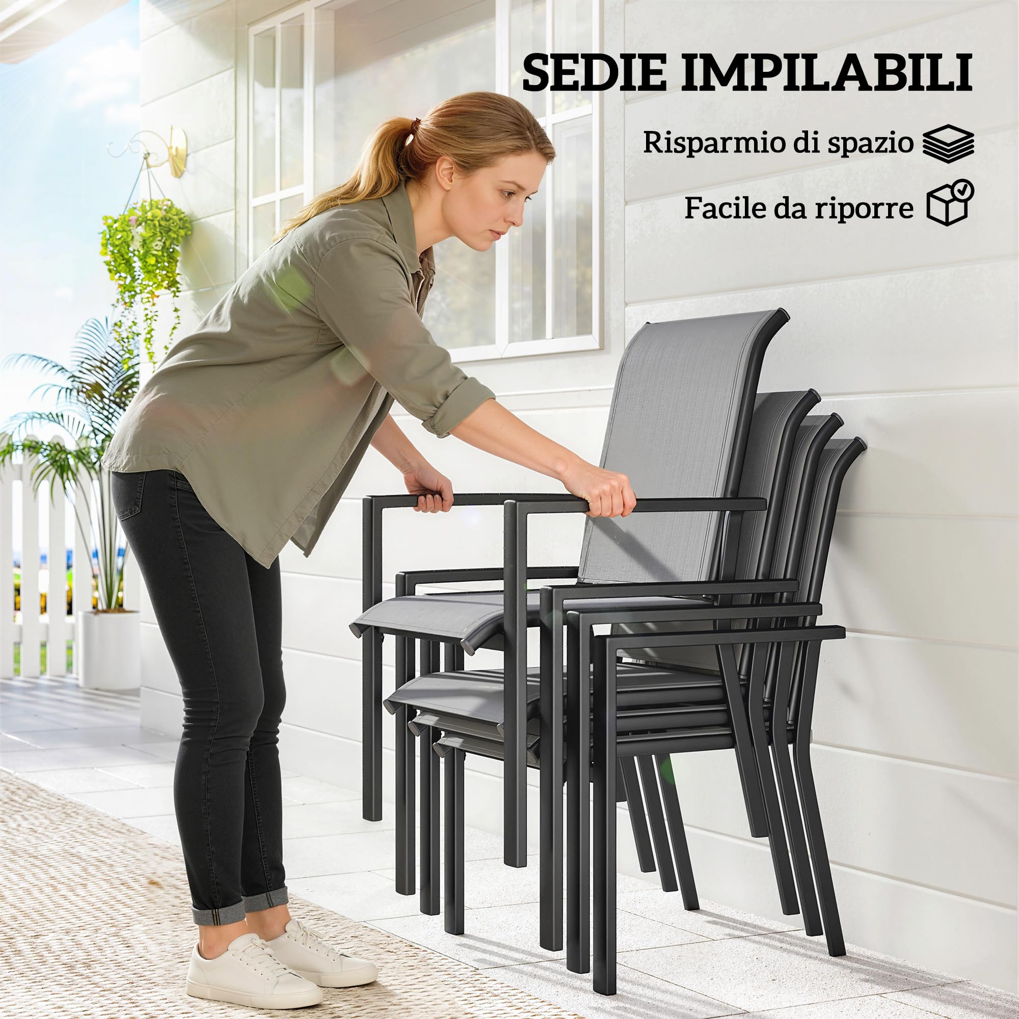 Outsunny Set Tavolo e Sedie da Giardino 5 Pezzi, Set da Pranzo con Tavolo, Foro per Ombrellone, 4 Sedie Impilabili in Texteline, Struttura in Acciaio, Set Mobili da Giardino per Terrazza Patio, Grigio