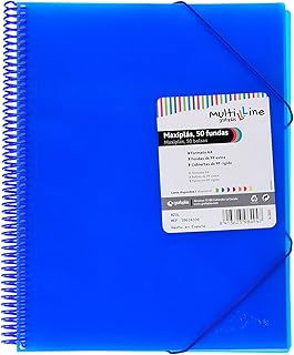 Grafoplás | Carpeta Espiral con 50 Fundas Transparentes A4 | Color Azul | Espiral PVC | Tapas Polipropileno | Gomas de Cierre | Maxiplás Multiline