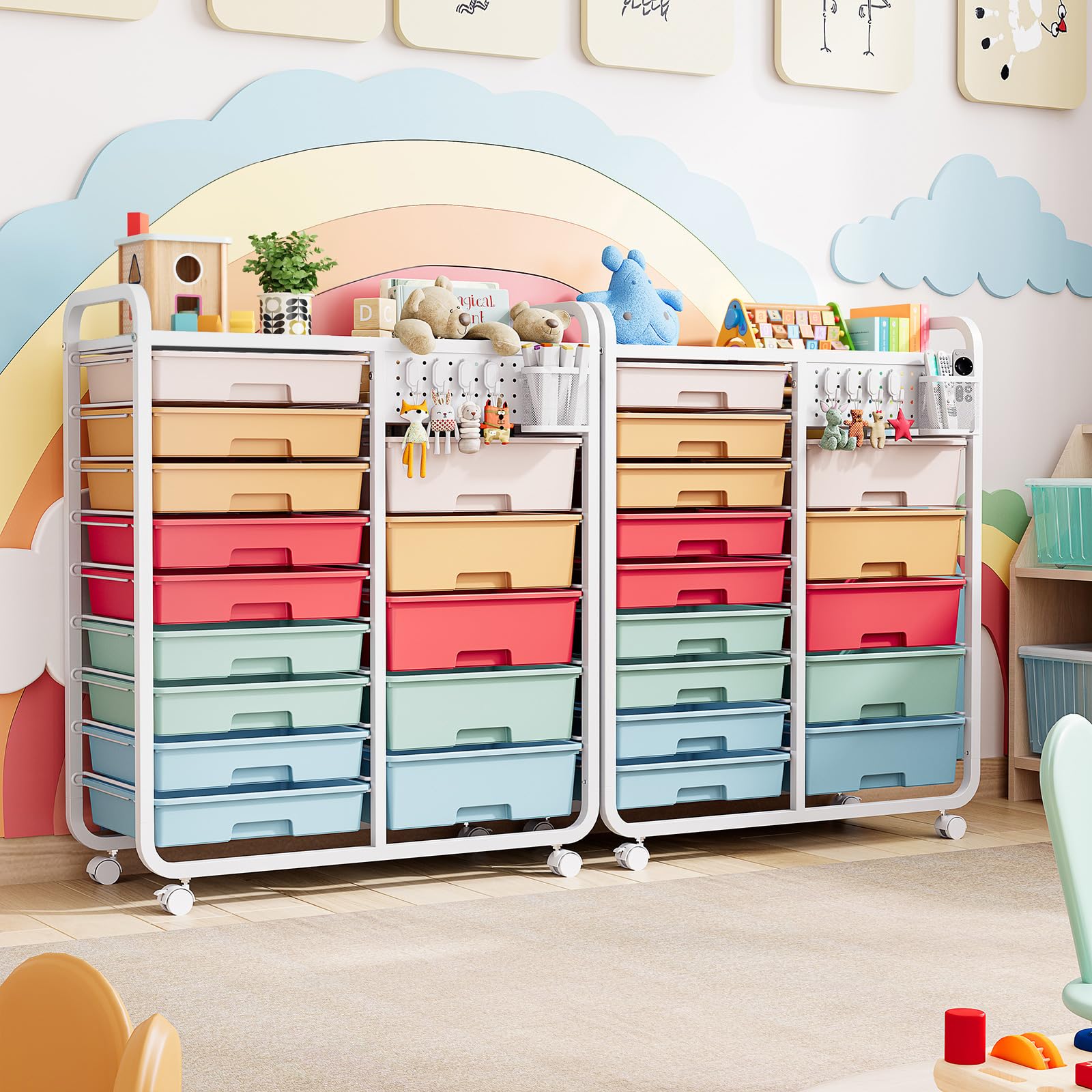 14-Schubladen-Rollwagen-Badrollwagen-Schubladenwagen mit Lochplatte, Aufbewahrungswagen mit Rädern und Griffen für Werkstatt Büro Küche,Multicolor