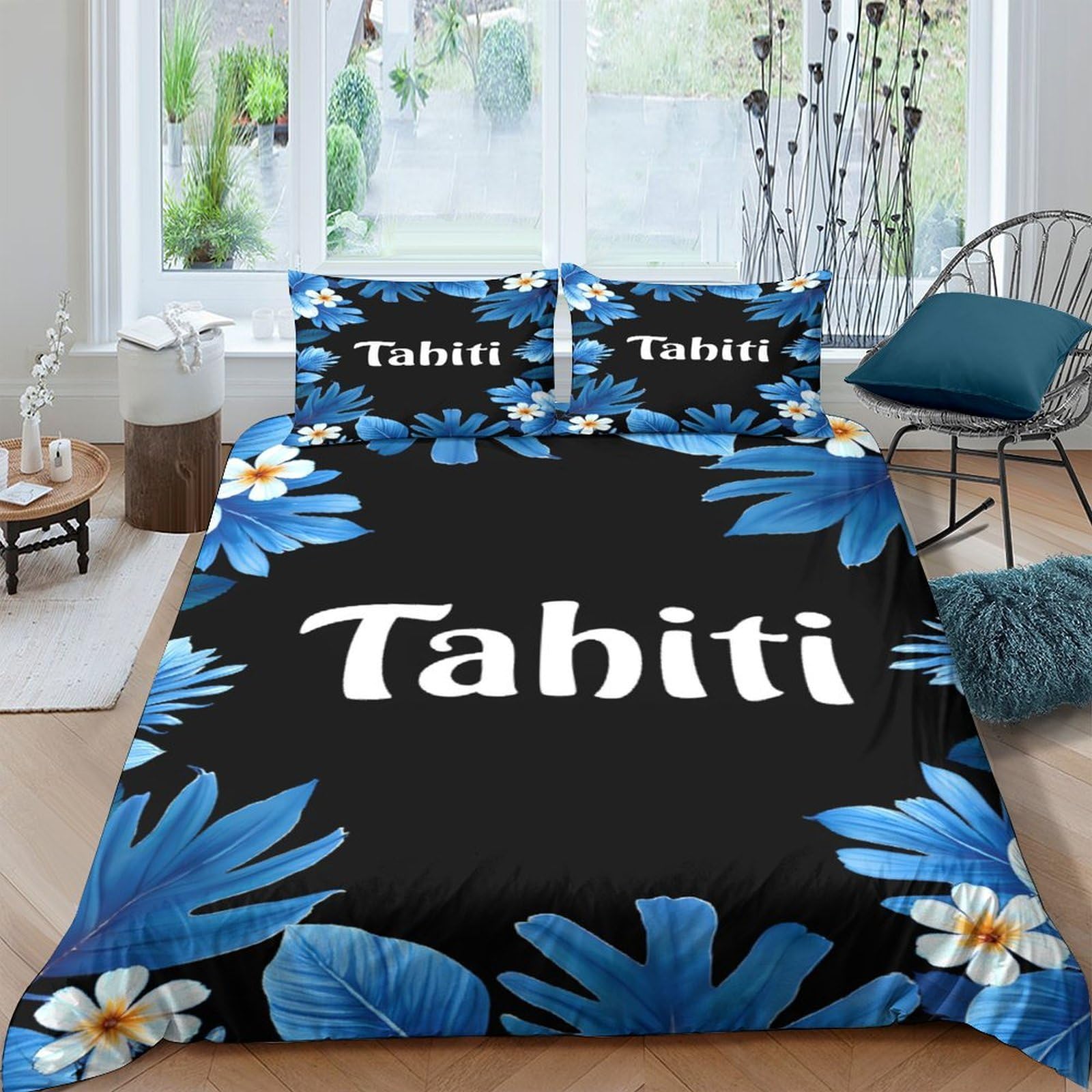 Ctjqhvkz Style-6 3D Printed Blue Tropical Flower Fitted Sheet Microfiber Soft Black Tahiti Bed Cover For Bedroom Guest Room Mattress Decor Single（135X200cm）