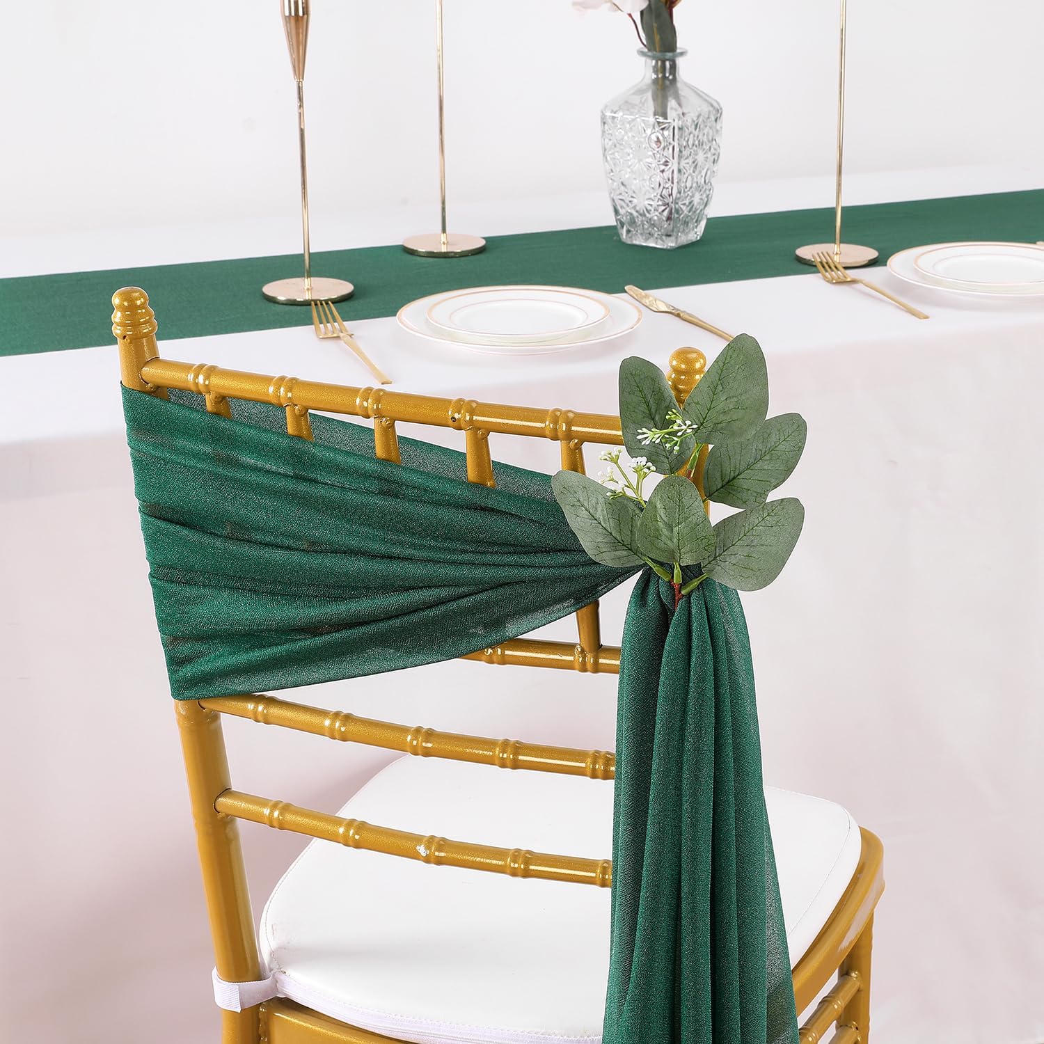QueenDream Emerald Green Chair Sashes Wedding: 16 Pieces Long Sheer Wedding Aisle Chair Decorations Tulle Chairs Covers with Artificial Eucalyptus