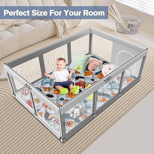 Miniatura 7 de Corralito grande para bebés con alfombra, 74 x 50 pulgadas, patios grandes para interiores y exteriores, corral de juego resistente de seguridad