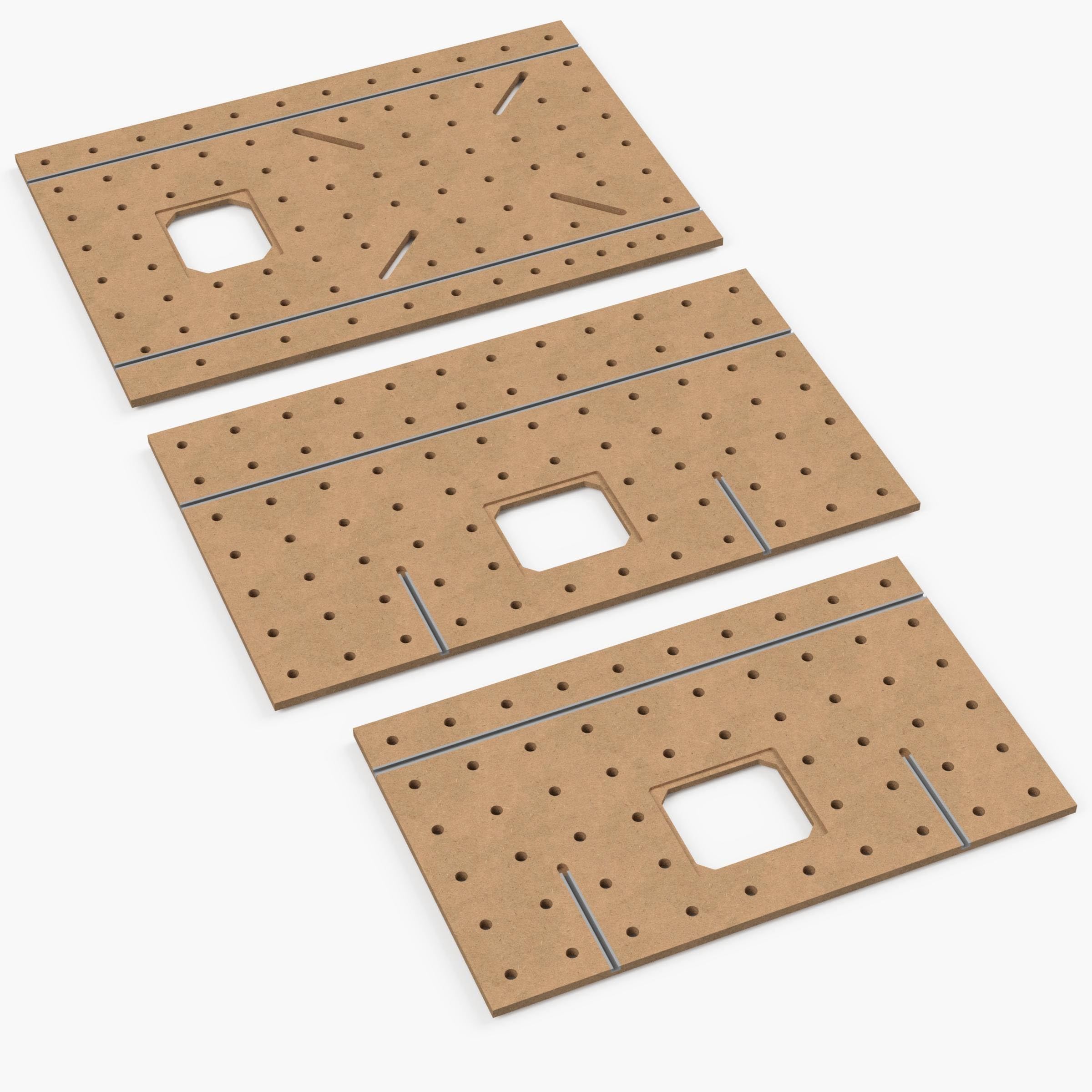 MDF Lochrasterplatte Multifunktionstisch mit Fräseinsatz-Ausschnitt, T-Nut Schienen, 20mm Lochdurchmesser, 100mm Raster, CNC-Präzision, Made in Germany (1000 x 600 mm, 200 x 200 x 8 mm)
