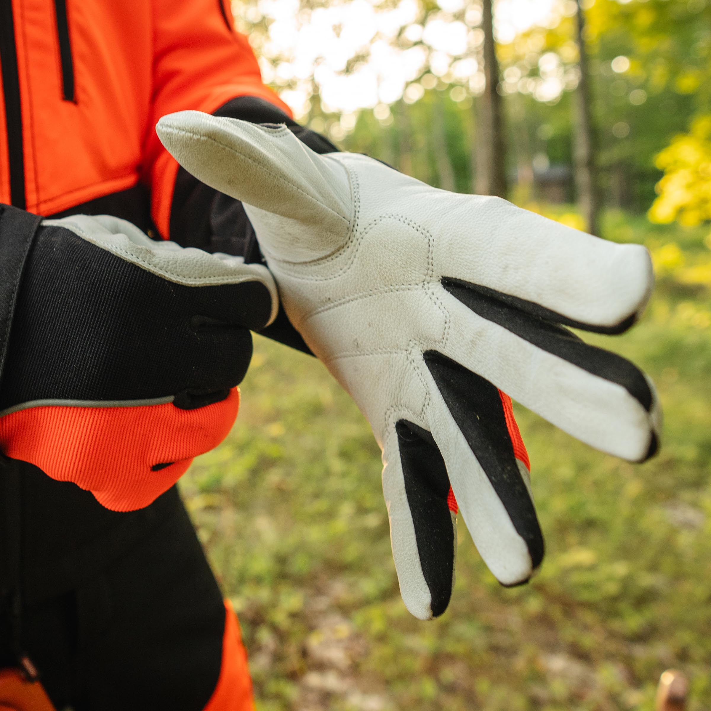 Oregon Protect Pro Guantes Motosierra, Equipo Protección Motosierra, Guantes Seguridad Laboral EPI Alta Visibilidad ForestXFiber, Protección Mano Izquierda, Piel Premium Naranja y Negro, (XL)