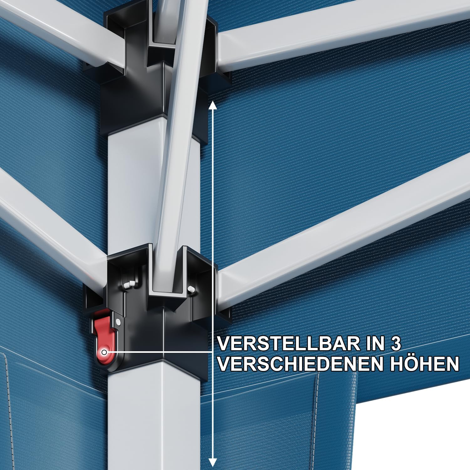 Close-up of the gazebo leg mechanism, showing a red button for adjusting the height to one of three positions.