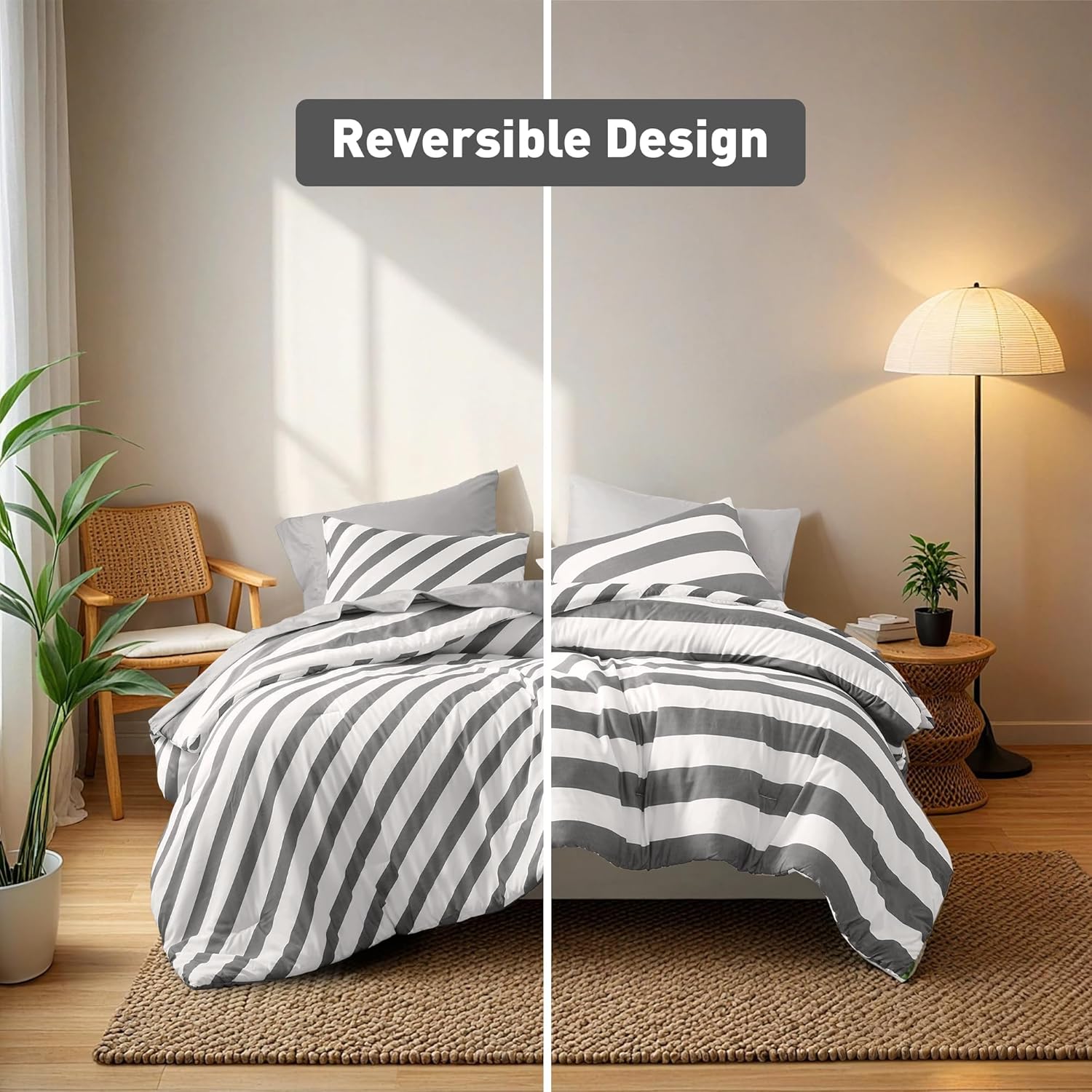 Reversible Striped Queen Comforter Set, Soft Microfiber Bedding Set with Double-Sided Stripes Design, Warm & Cozy for All-Seasons, 3-Piece Comforter and Shams Set Queen Size, Charcoal