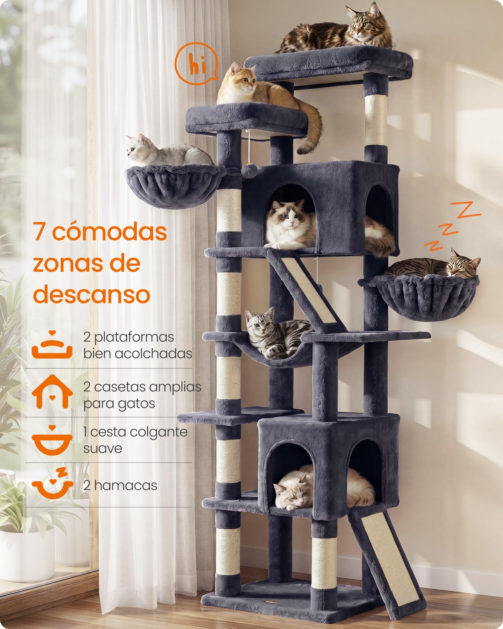 Feandrea Árbol para Gatos XXL, Torre con Postes de Sisal, Rascador para Varios Gatos Grandes, 7 Áreas de Descanso, 55 x 45 x 205 cm, Gris Oscuro, Colección Clawfy PCT021G201