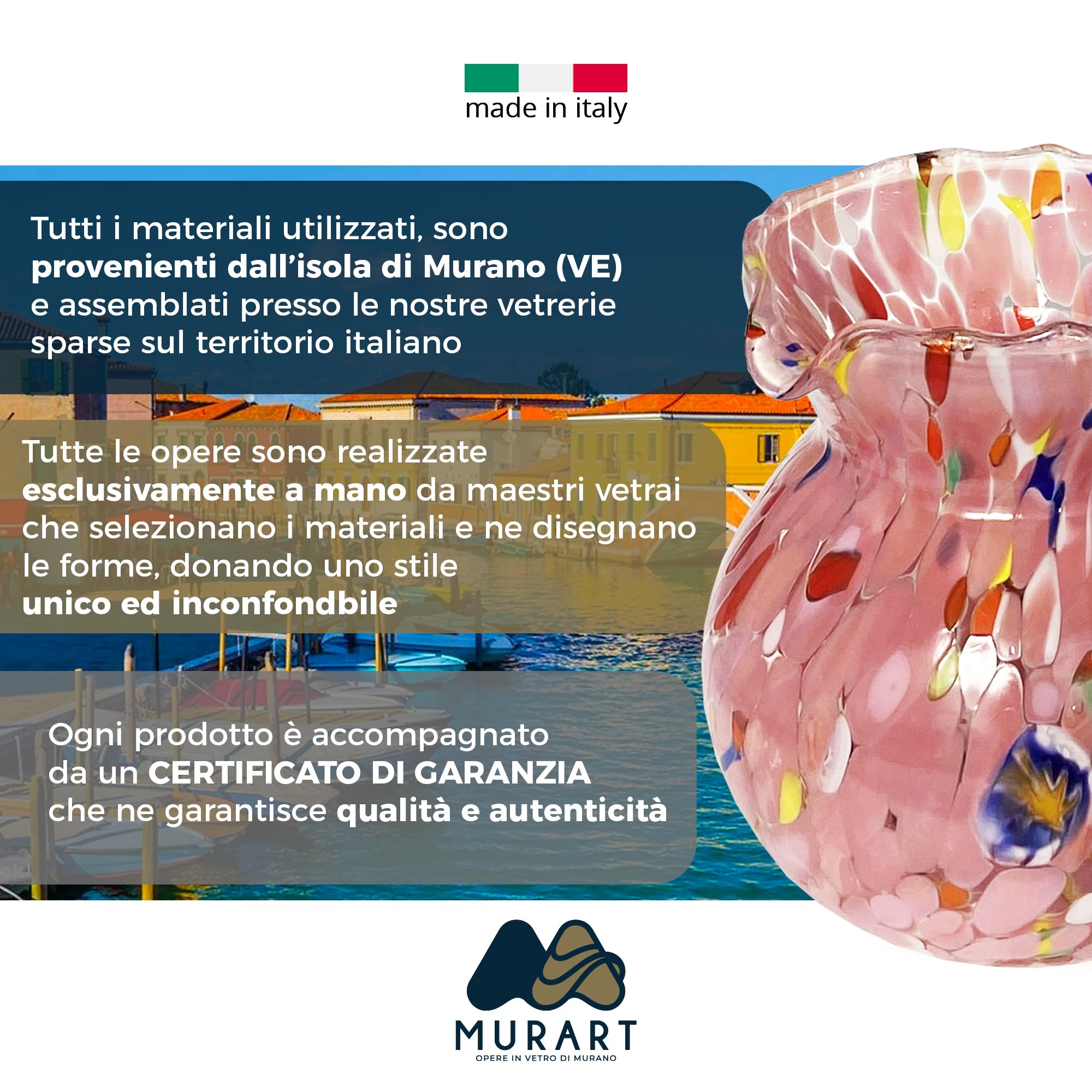 MurArt Brocca in Vetro di Murano 1000 ml Collezione MAREA Alta 15cm Lavorato a Mano Made in Italy
