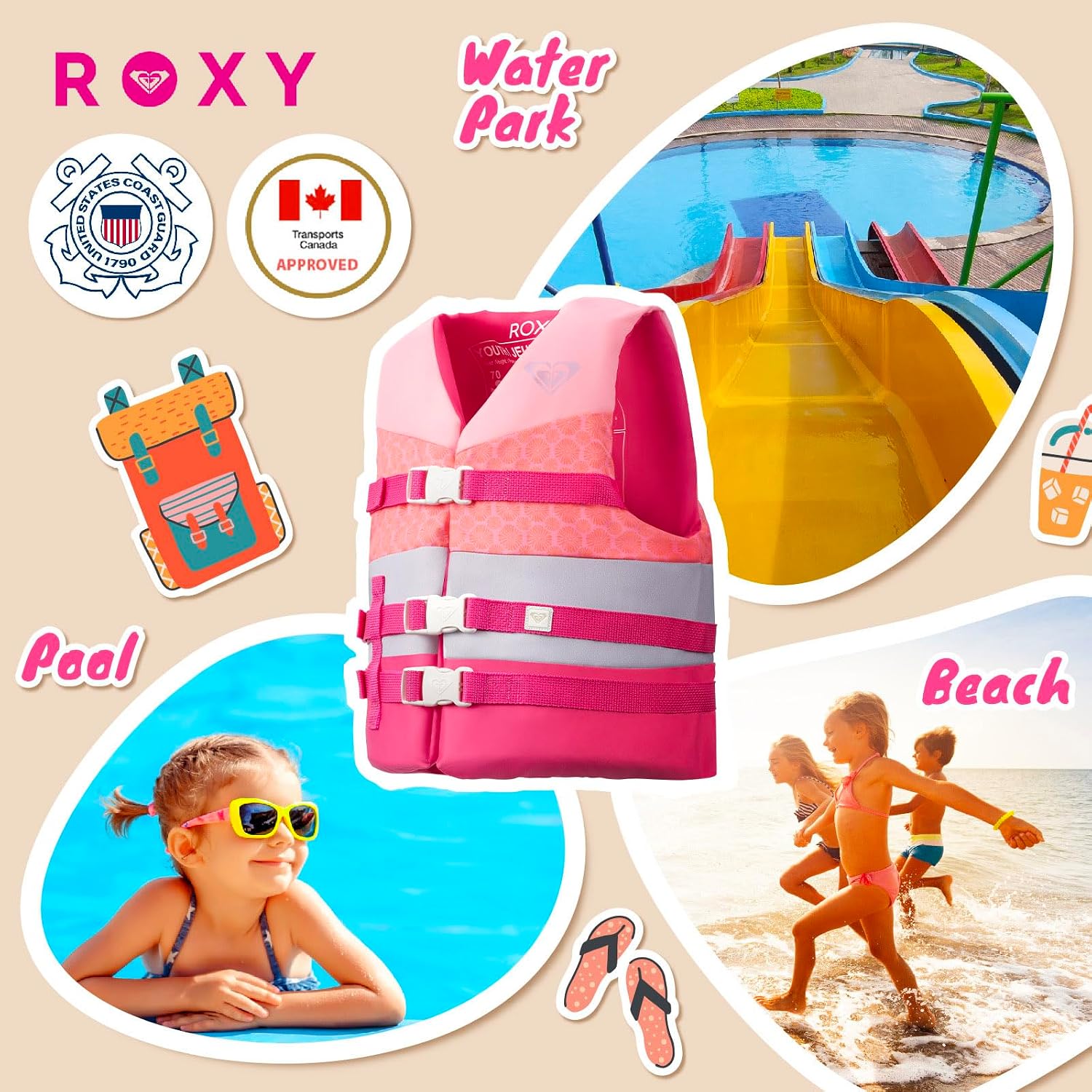 ROXY Life Jacket for Youth/Kids/Toddler, USCG Approved Type III PFD, Light-Weight EPE Foam Life Vest for Waterskiing, Rafting, Boating, Paddleboarding, Kayaking, Fishing Watersports
