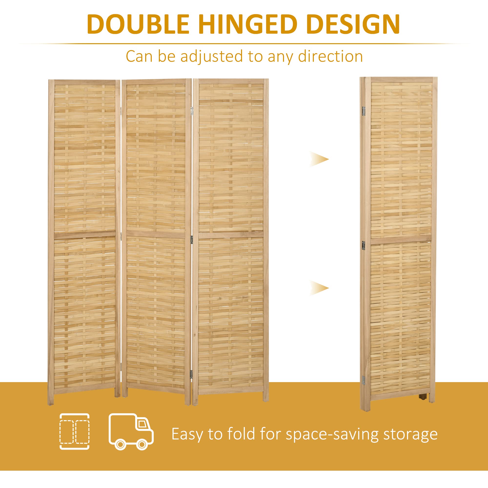 HOMCOM Biombo de 3 Paneles Divisor de Habitación 120x1,8x170 cm Natural | Plegable, Separador de Ambientes, Patrón de Tejido de Bambú, Estilo Rústico, Oficina Dormitorio Salón