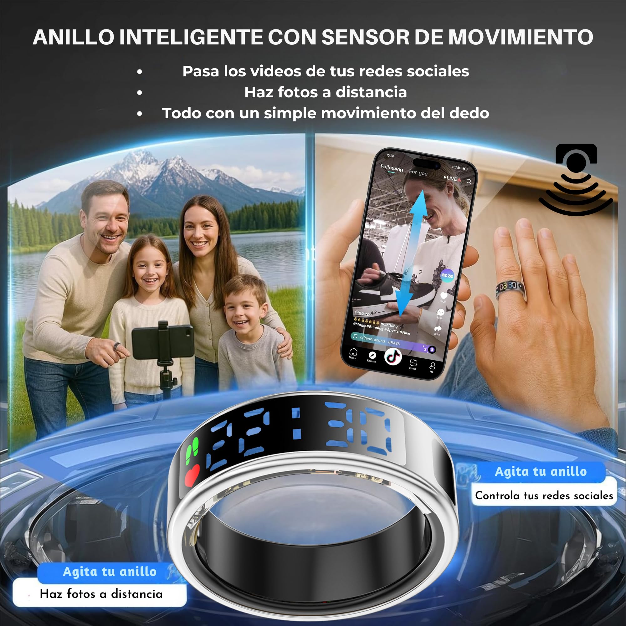 smartia - Anillo Inteligente con Pantalla Tactil, Smart Ring para Hombre y Mujer, Anillo Inteligente con Actividad Fitness y Control de Salud, Monitoriza tu Sueño, Incluye Puerto DE Carga (Oro, 9)