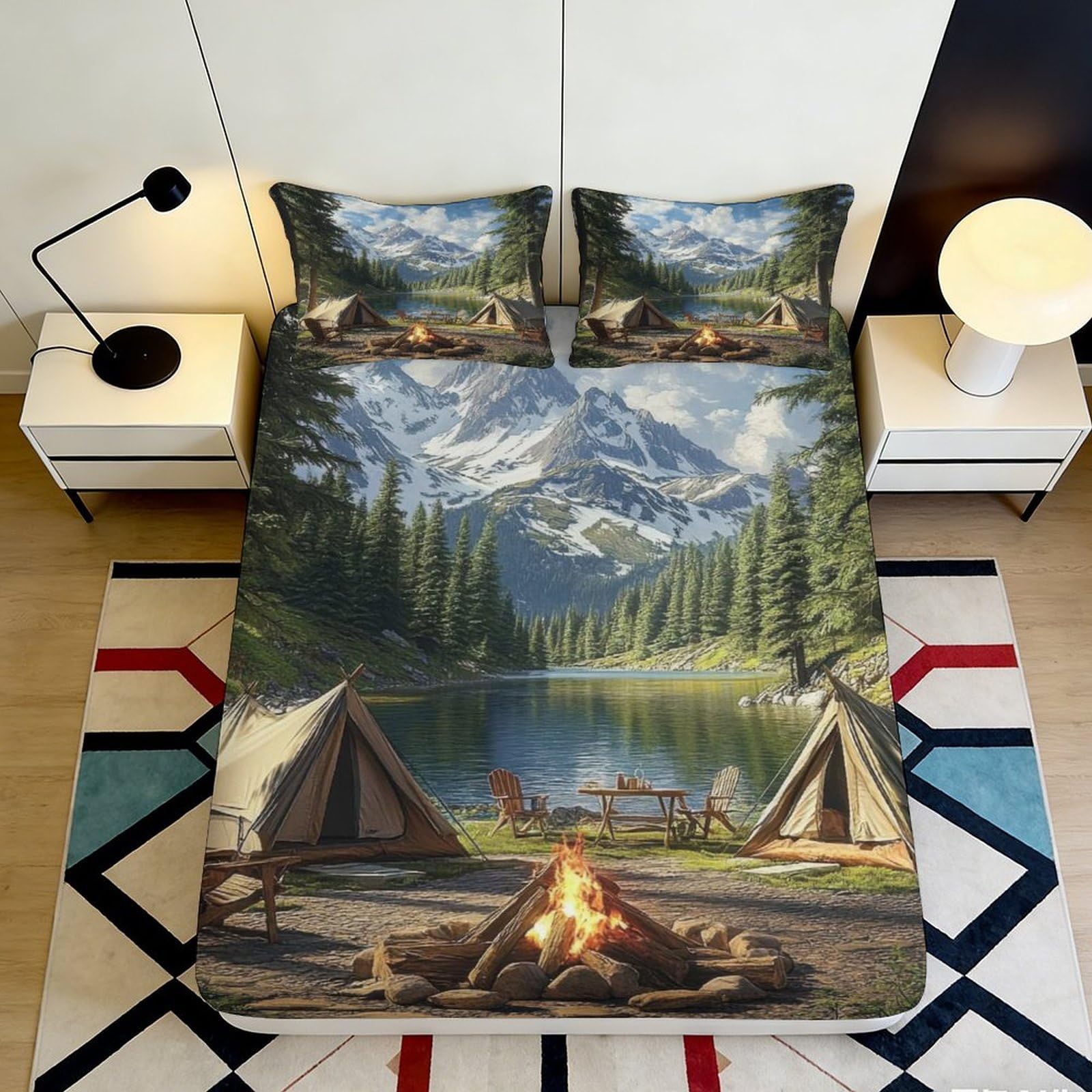 3D Printed Mountain Lake Camping Fitted Sheet Microfiber Scenic Tent Bed Cover for Bedroom Guest Room Decor 90x200x25cm